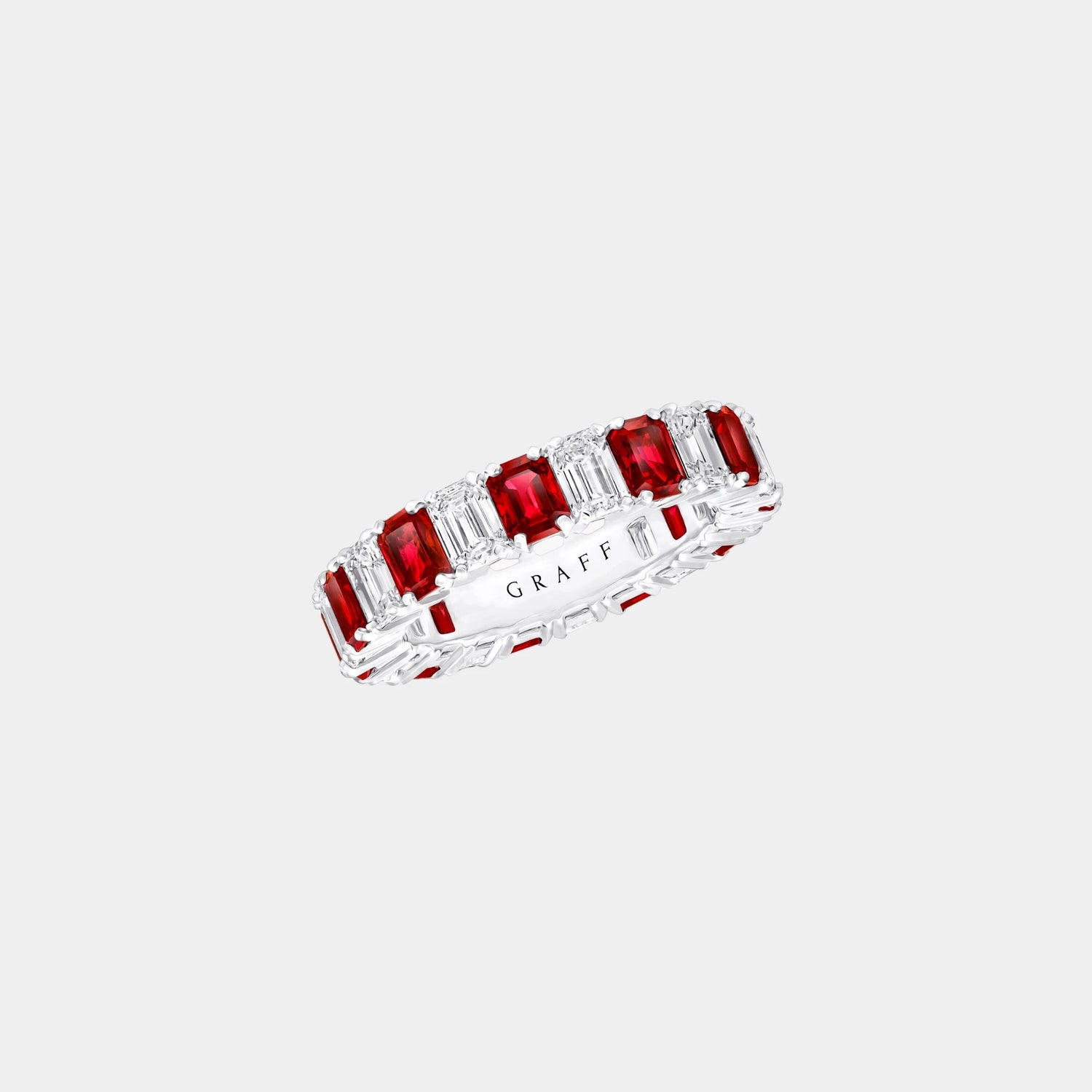 Classic Graff Emerald Cut Ruby and Diamond Wedding Band, Front