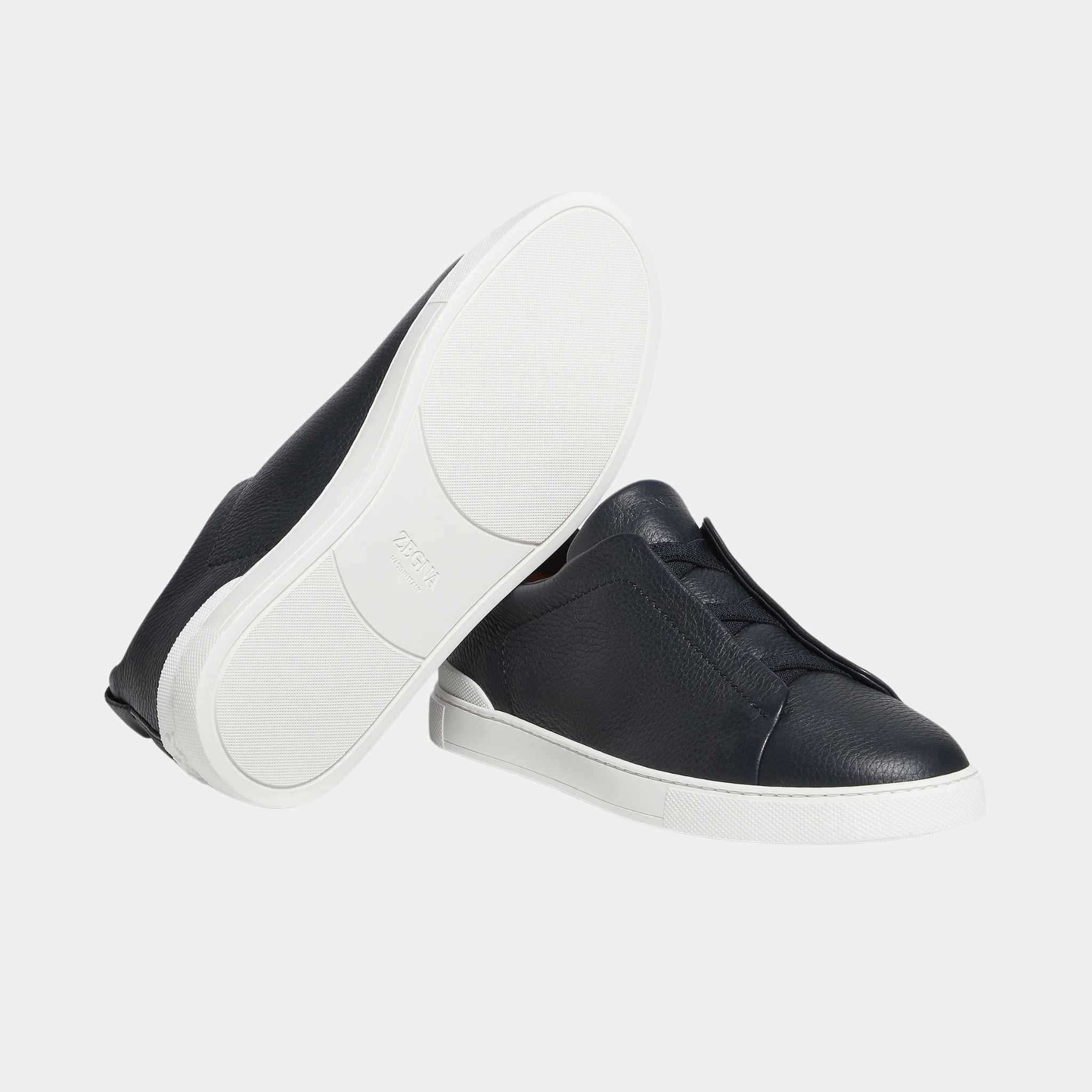 Zegna Deerskin Triple Stitch Sneakers, Navy Blue, Close