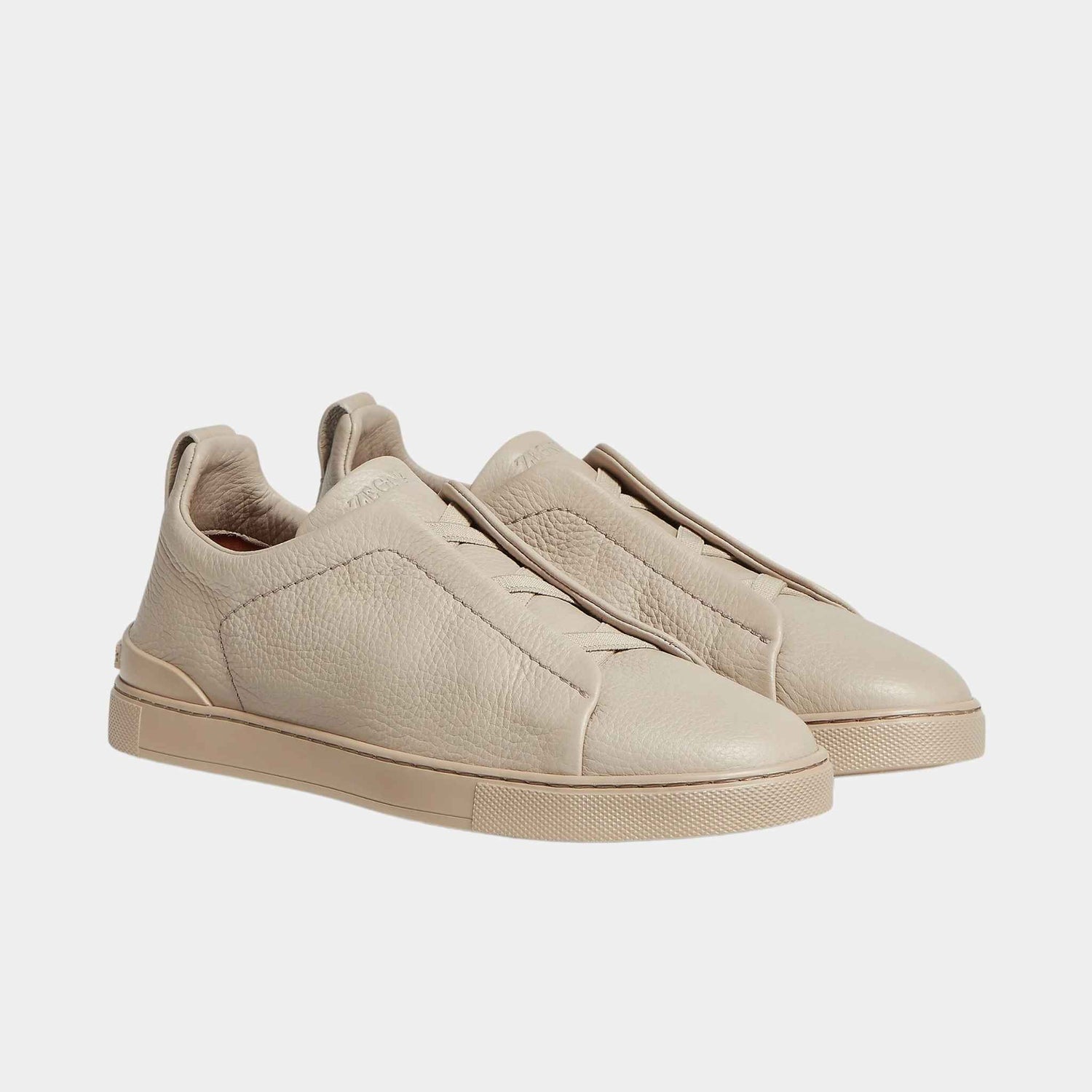Zegna Deerskin Triple Stitch Sneakers, Beige, Front