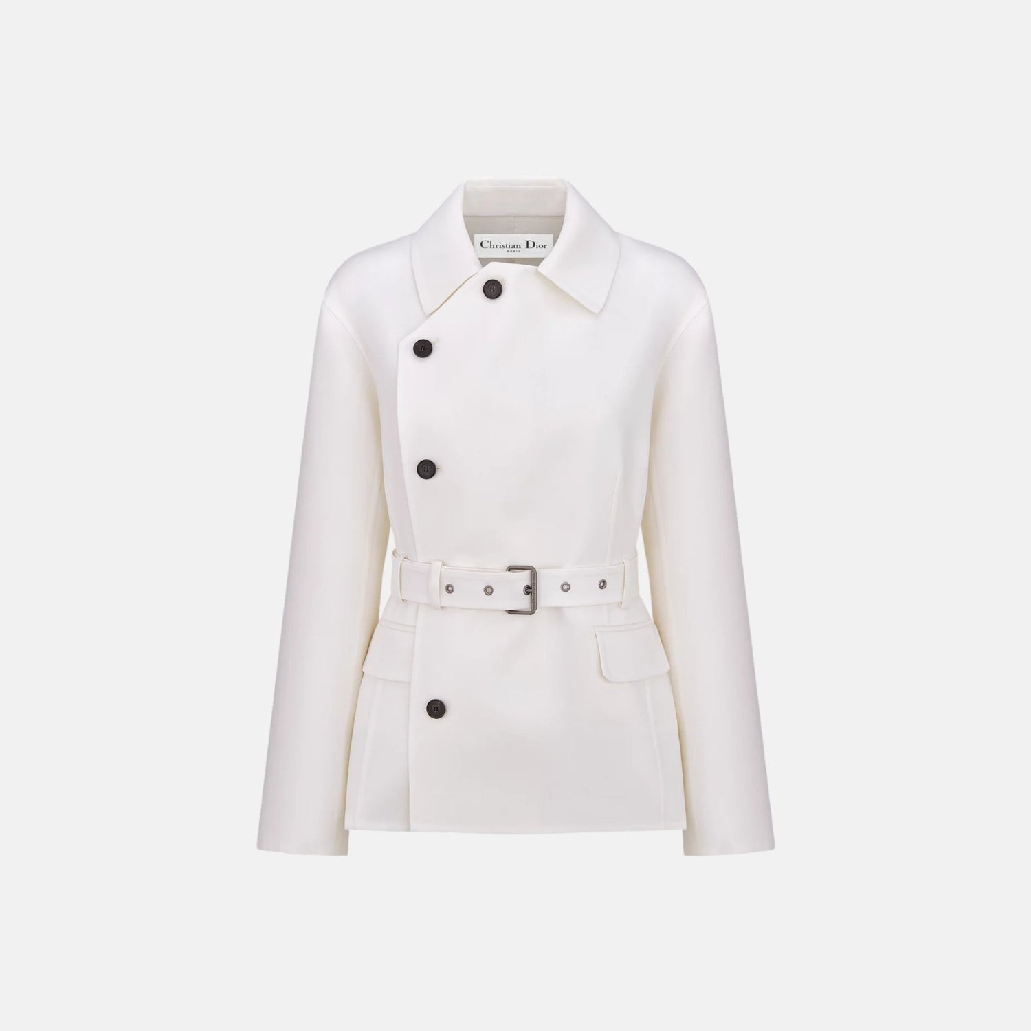 Dior Belted Jacket In Virgin Wool And Silk Gabardine, White, Front