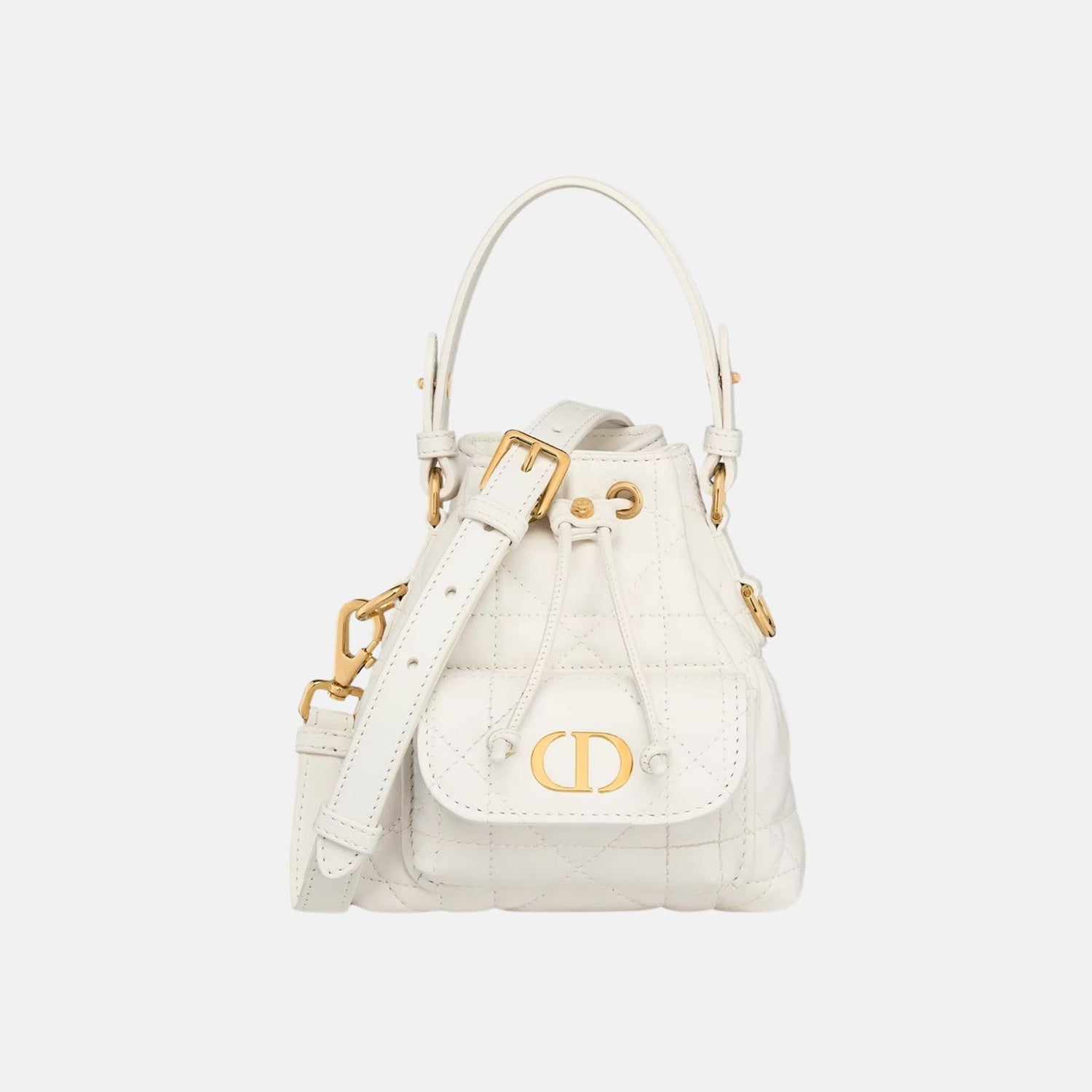Dior Caro Nano Bucket Bag In Macrocannage Lambskin, Latte, Front