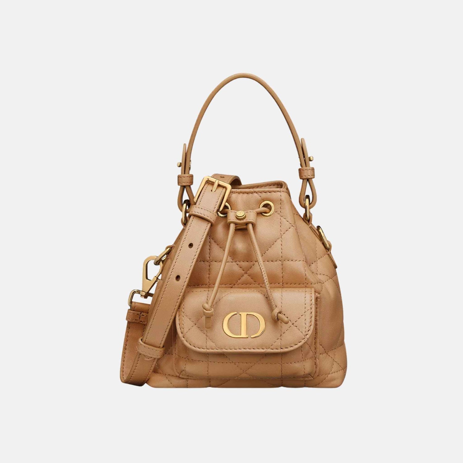 Dior Caro Nano Bucket Bag In Macrocannage Lambskin, Light Gold, Front