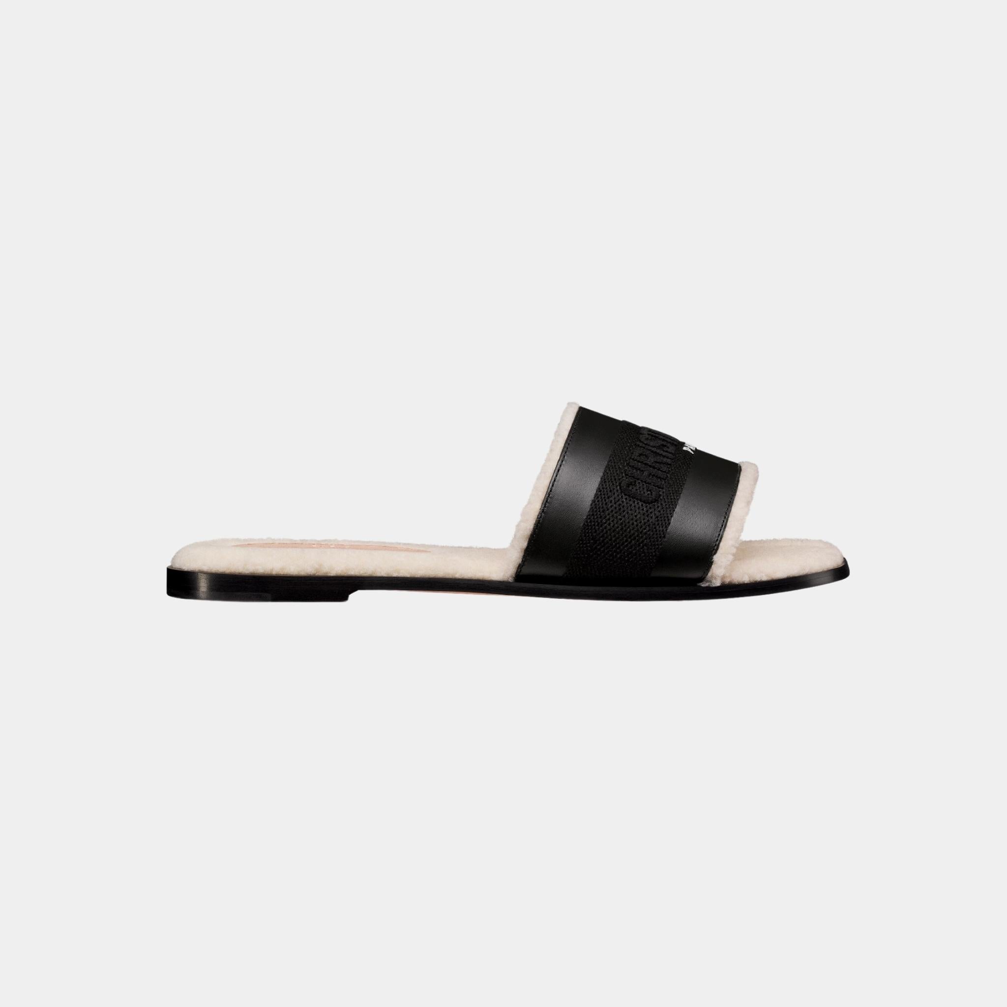 Dior Dway Slide Calfskin And Embroidered Cotton, Black, Side