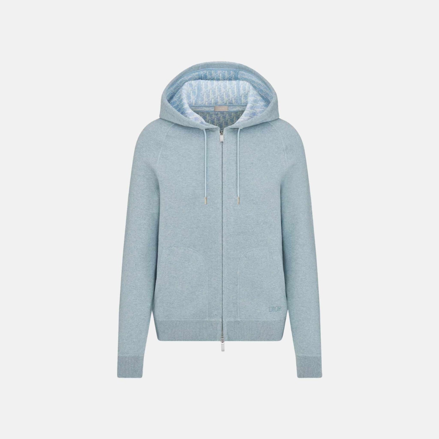 Dior Hooded Track Jacket In Cotton And Cashmere Knit, Blue, Front
