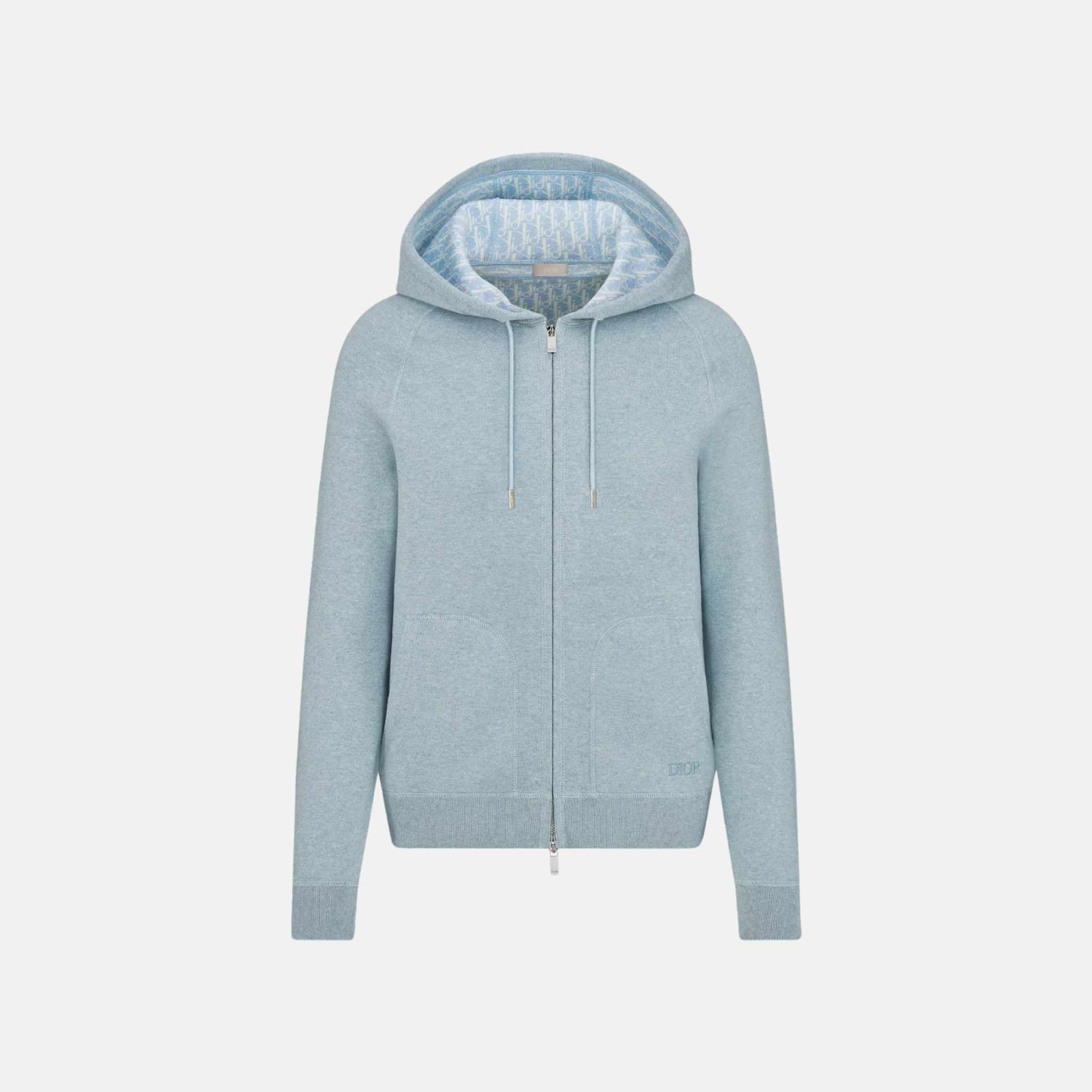 Dior Hooded Track Jacket In Cotton And Cashmere Knit, Blue, Front