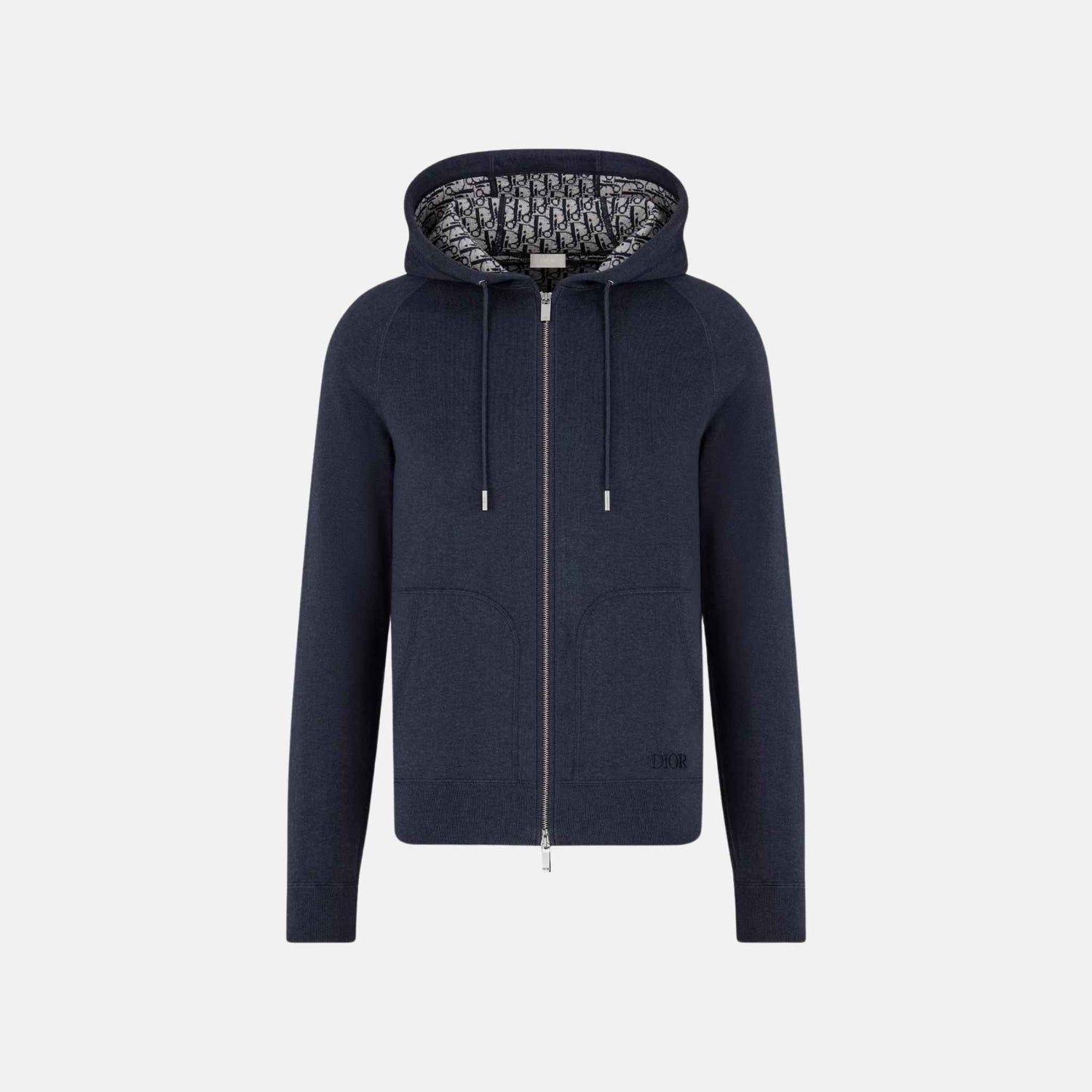 Dior Hooded Track Jacket In Cotton And Cashmere Knit, Navy Blue, Front