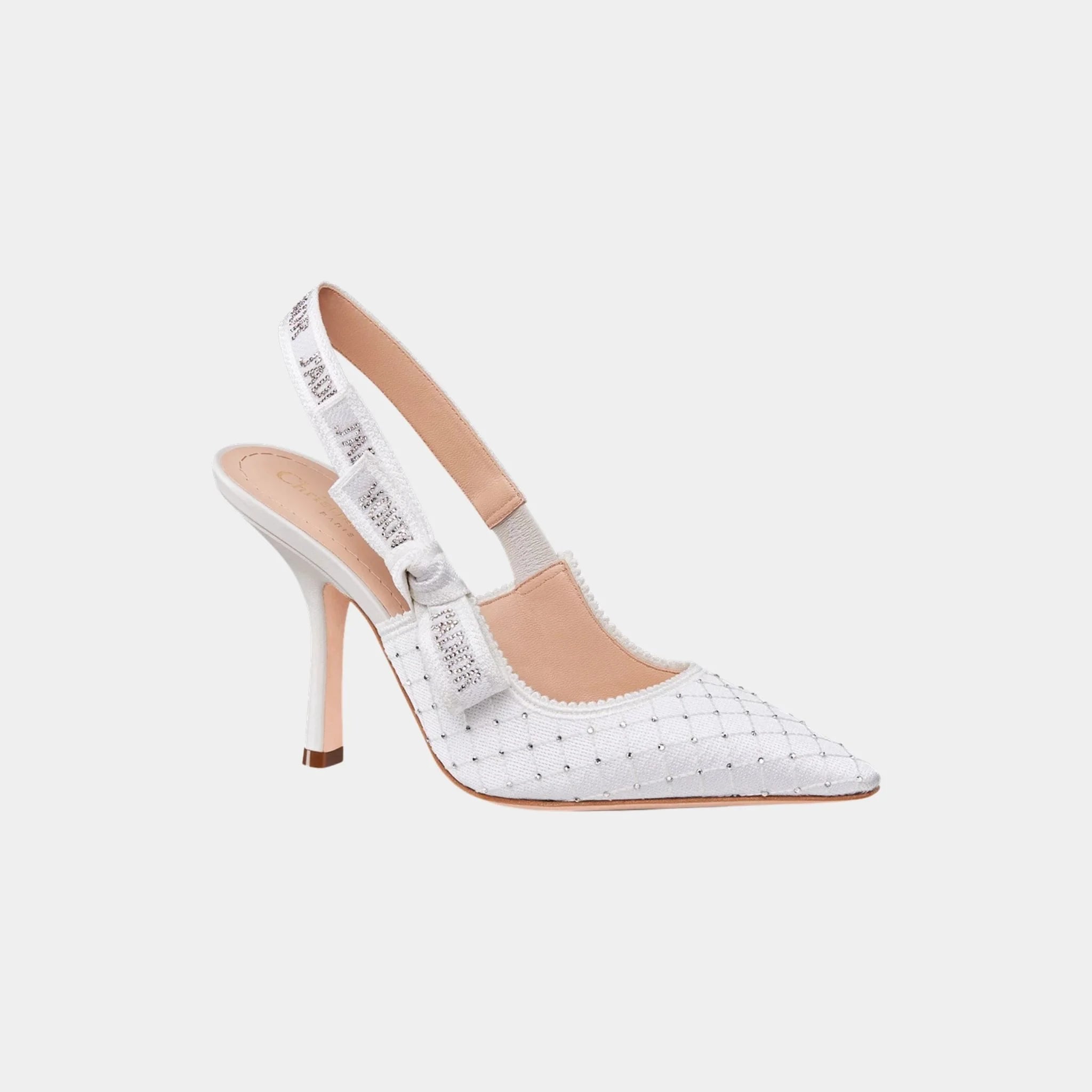 aDior J Adior Slingback Pumps Embroidered Cotton and Rhinestones, White, Front