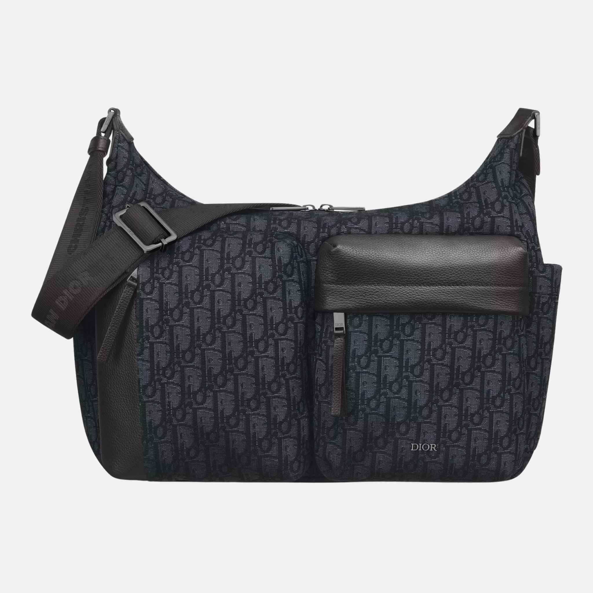 Dior Medium Rider Soft Hobo Bag In Oblique Jacquard And Grained Calfskin, Black, Front