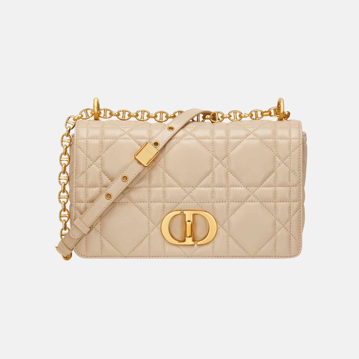 Dior Medium Soft Caro Bag In Macrocannage Lambskin, Light Gold, Front