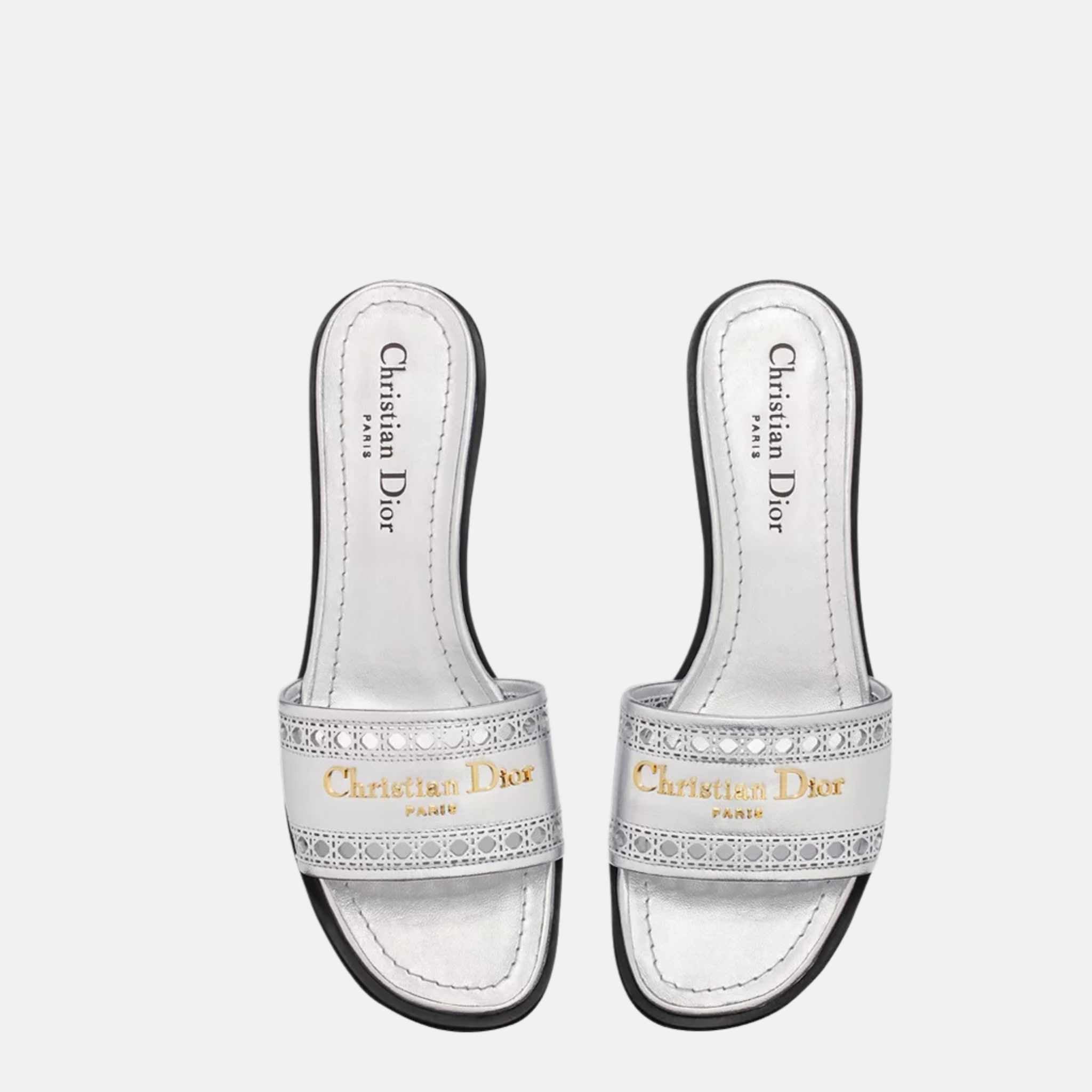 Dior Or D Lane Heeled Slide In Microcannage Laminated Calfskin, Silver, Top