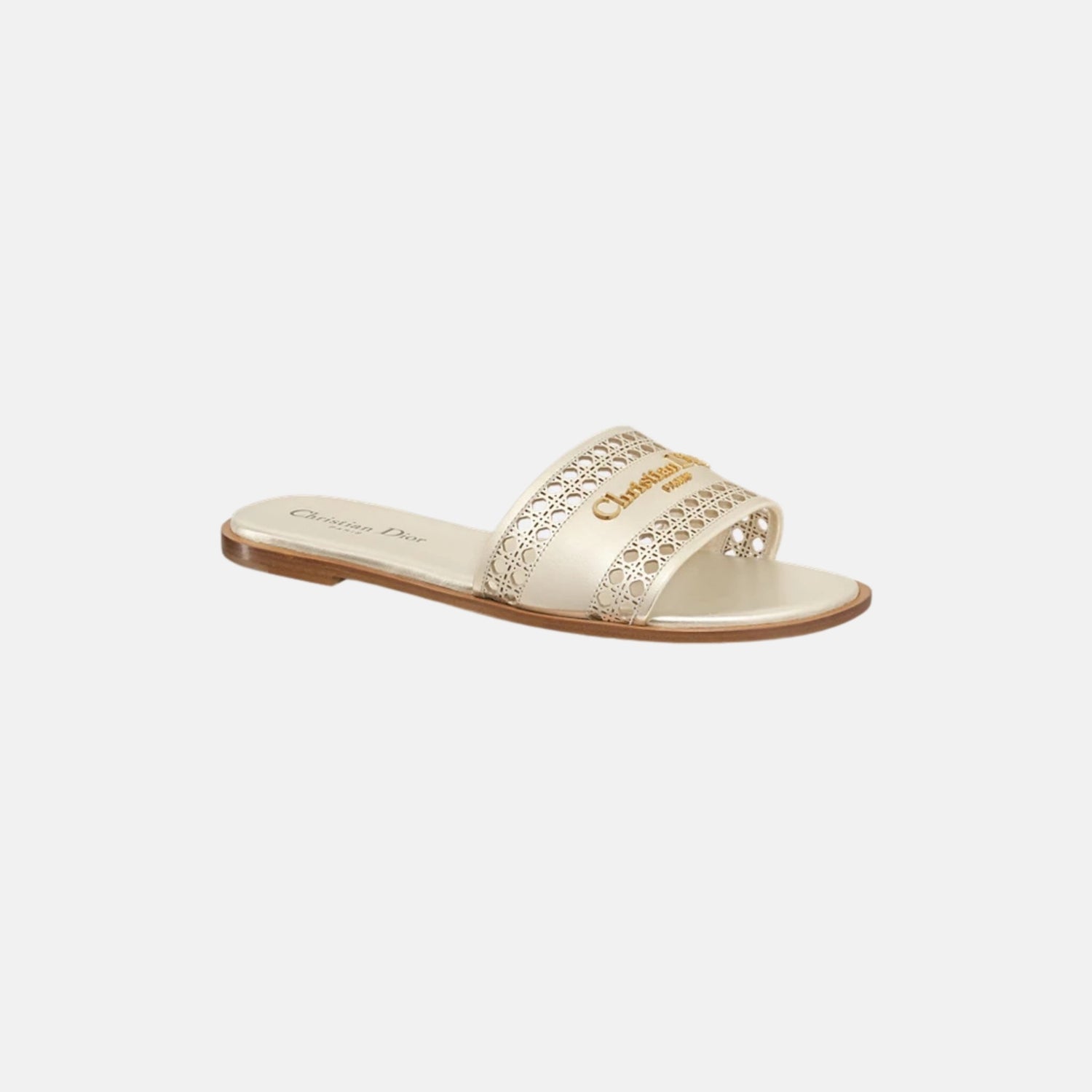 Dior Or D Lane Slide In Openwork Microcannage Laminated Calfskin, Gold, Front