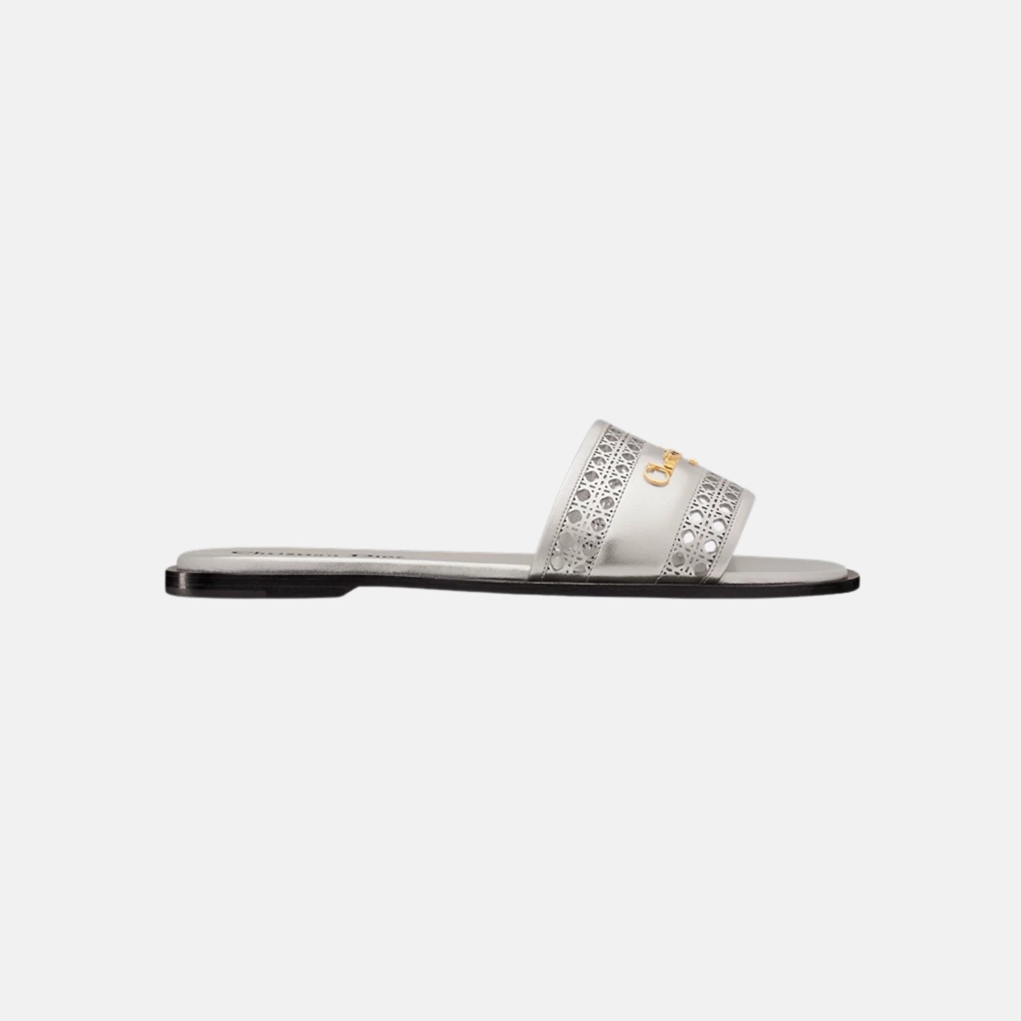 Dior Or D Lane Slide In Openwork Microcannage Laminated Calfskin, Silver, Side