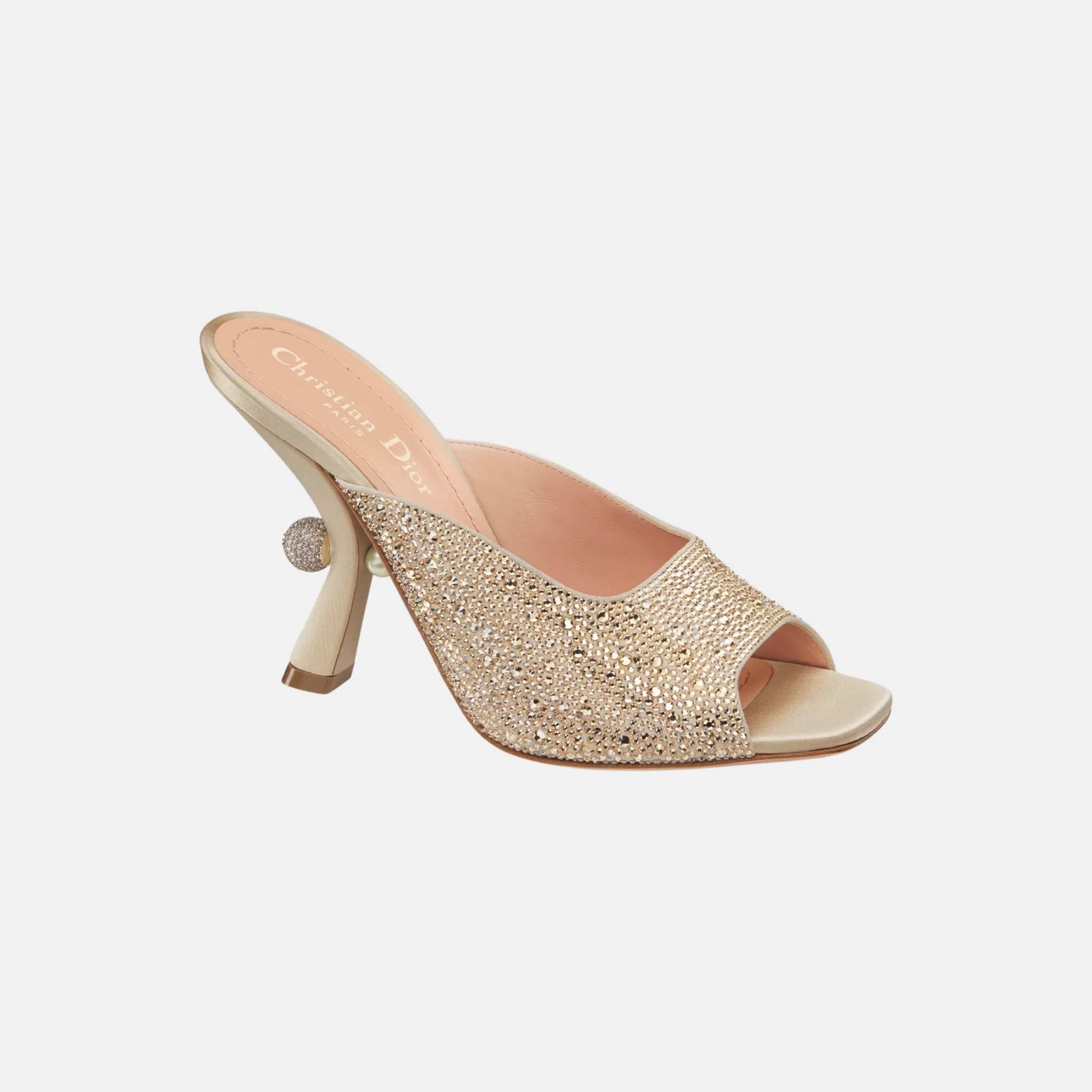Dior Or Dior Tribales Heeled Slide In Suede Goatskin & Strass, Beige, Front