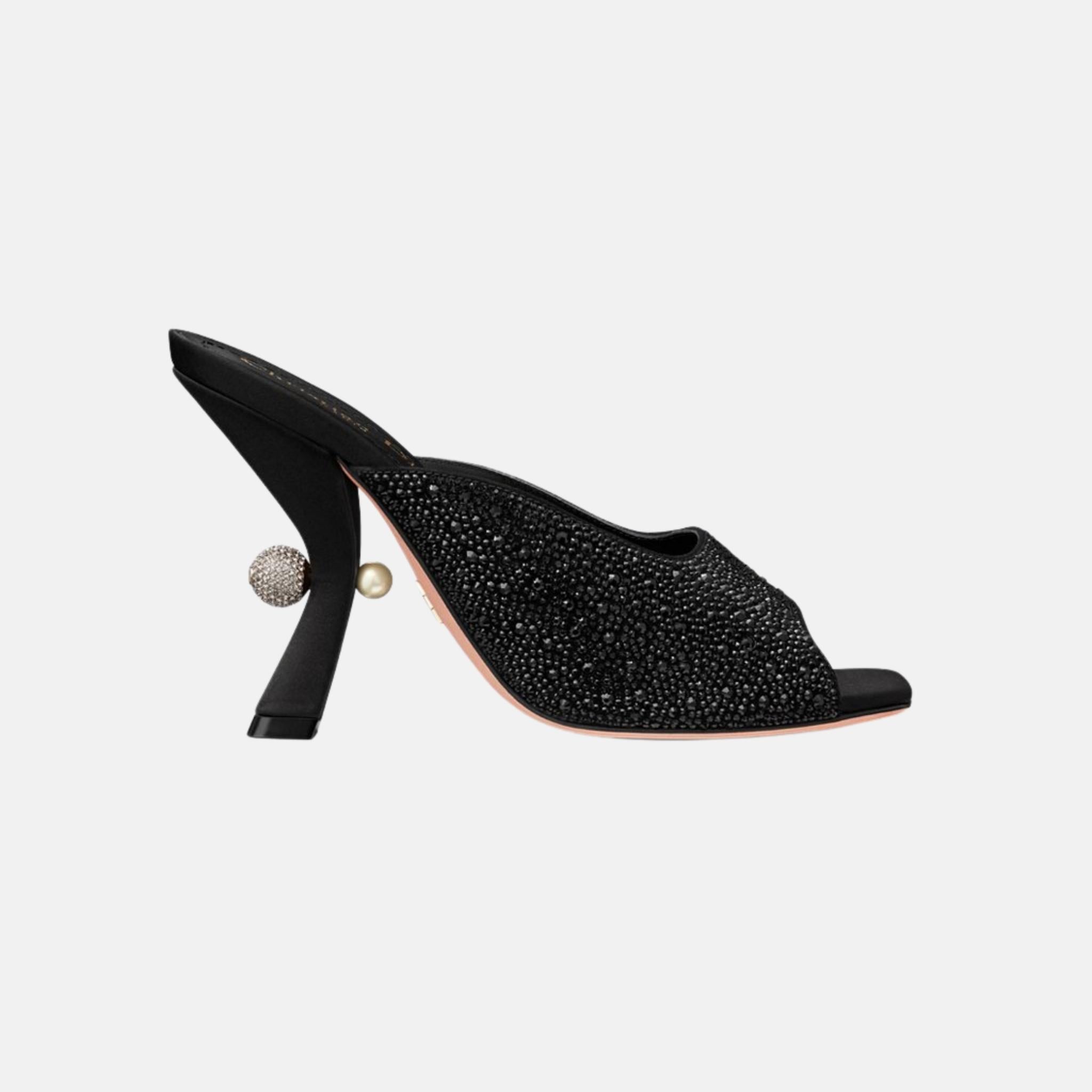 Dior Or Dior Tribales Heeled Slide In Suede Goatskin & Strass, Black, Front