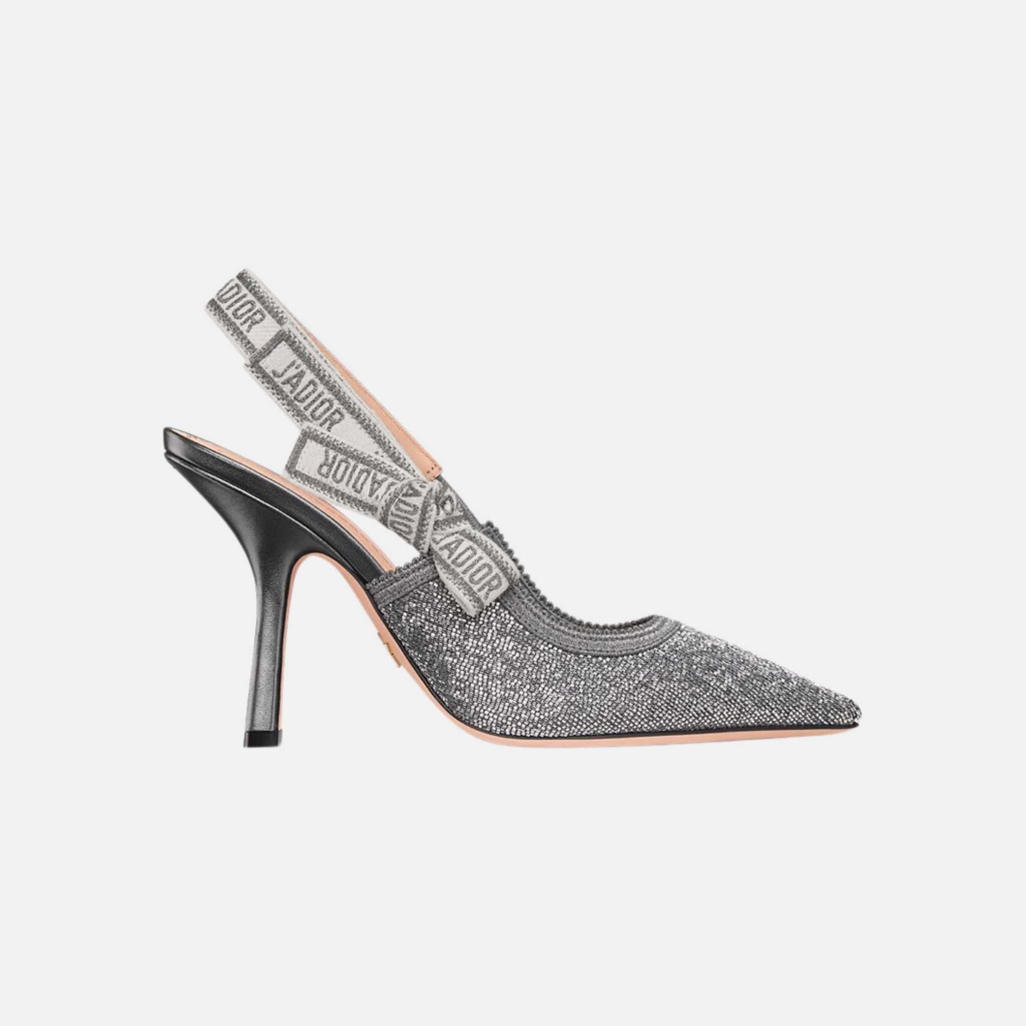 Dior Or JAdior Slingback Pump In Embroidered Cotton & Beads, Silver, Side