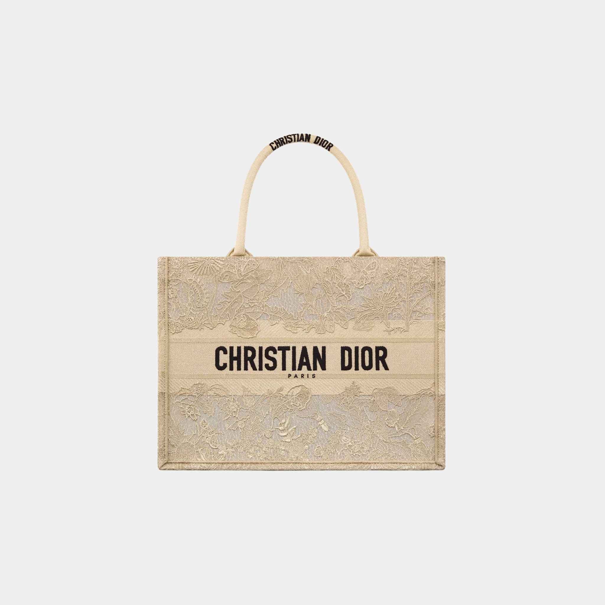 Dior Or Medium Dior Book Tote Chardons Macrame Embroidery, Gold, Front