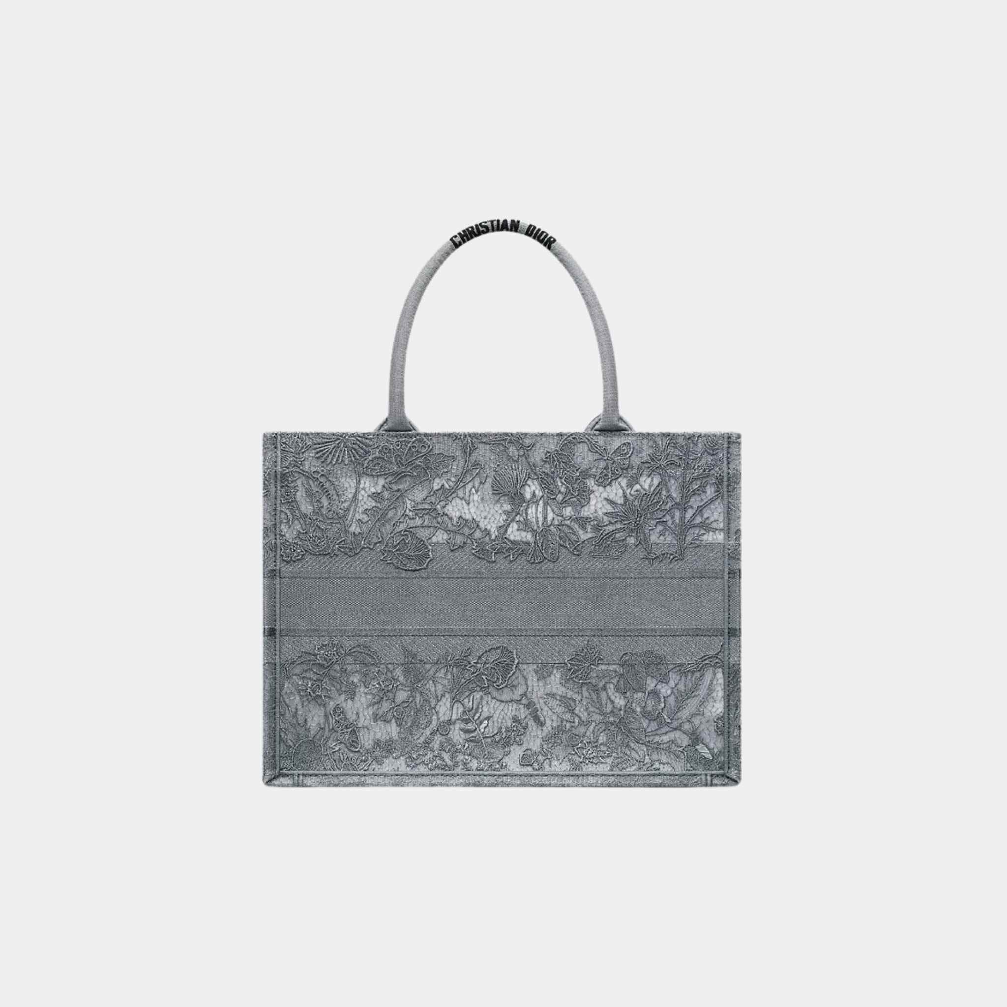 Dior Or Medium Dior Book Tote Chardons Macrame Embroidery, Silver, Back