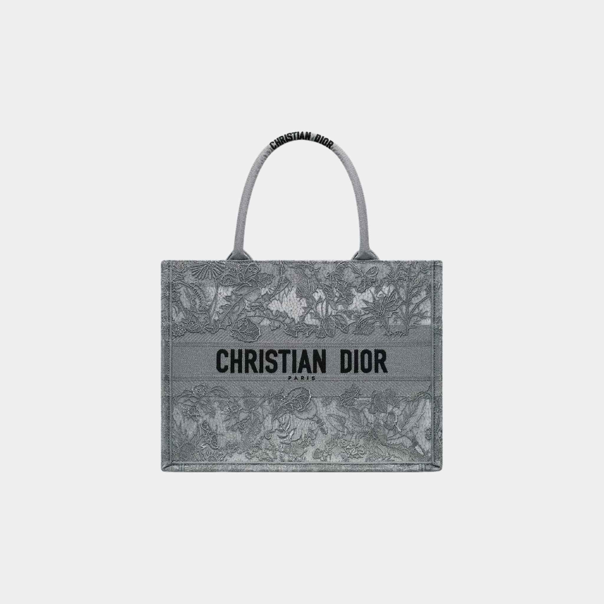 Dior Or Medium Dior Book Tote Chardons Macrame Embroidery, Silver, Front