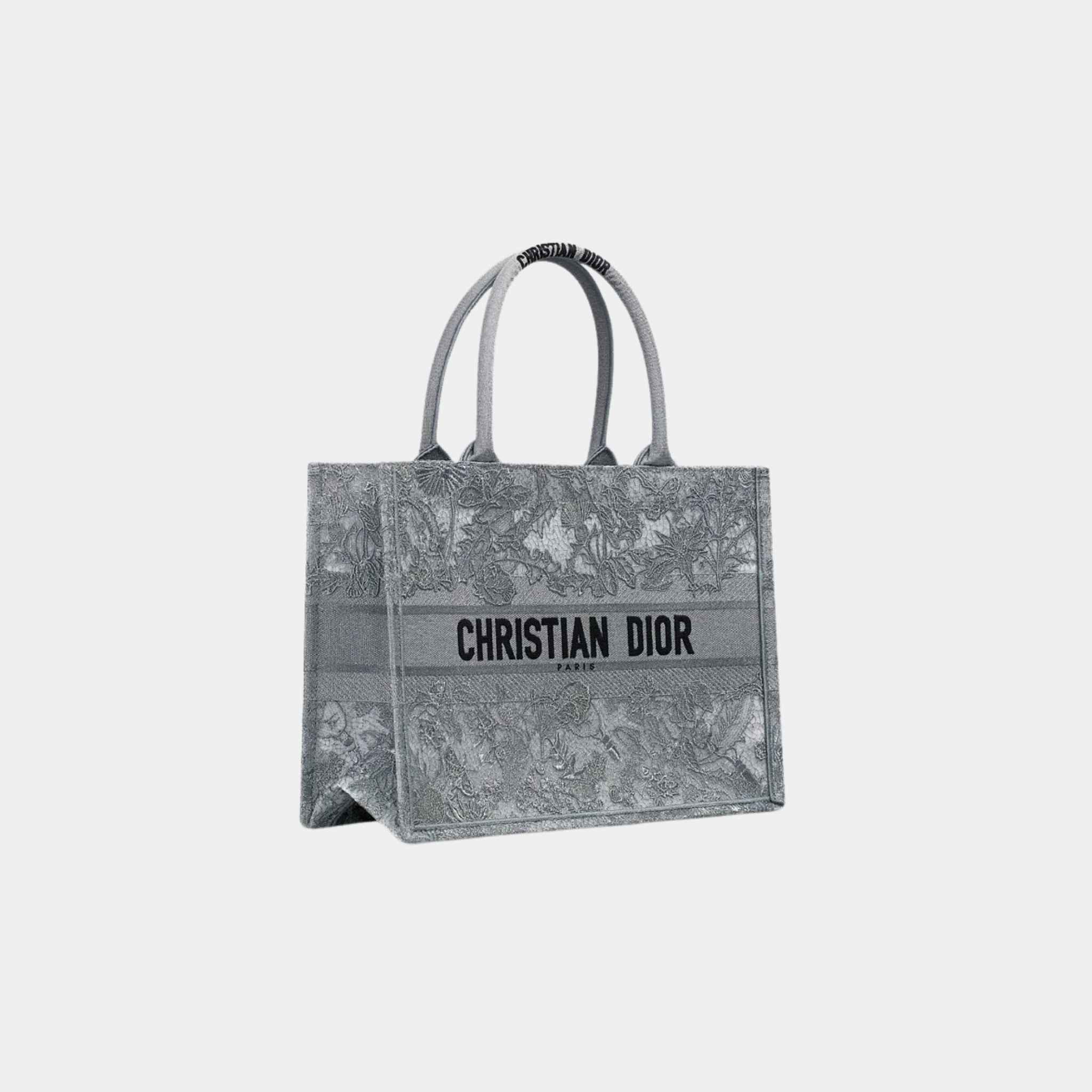 Dior Or Medium Dior Book Tote Chardons Macrame Embroidery, Silver, Side