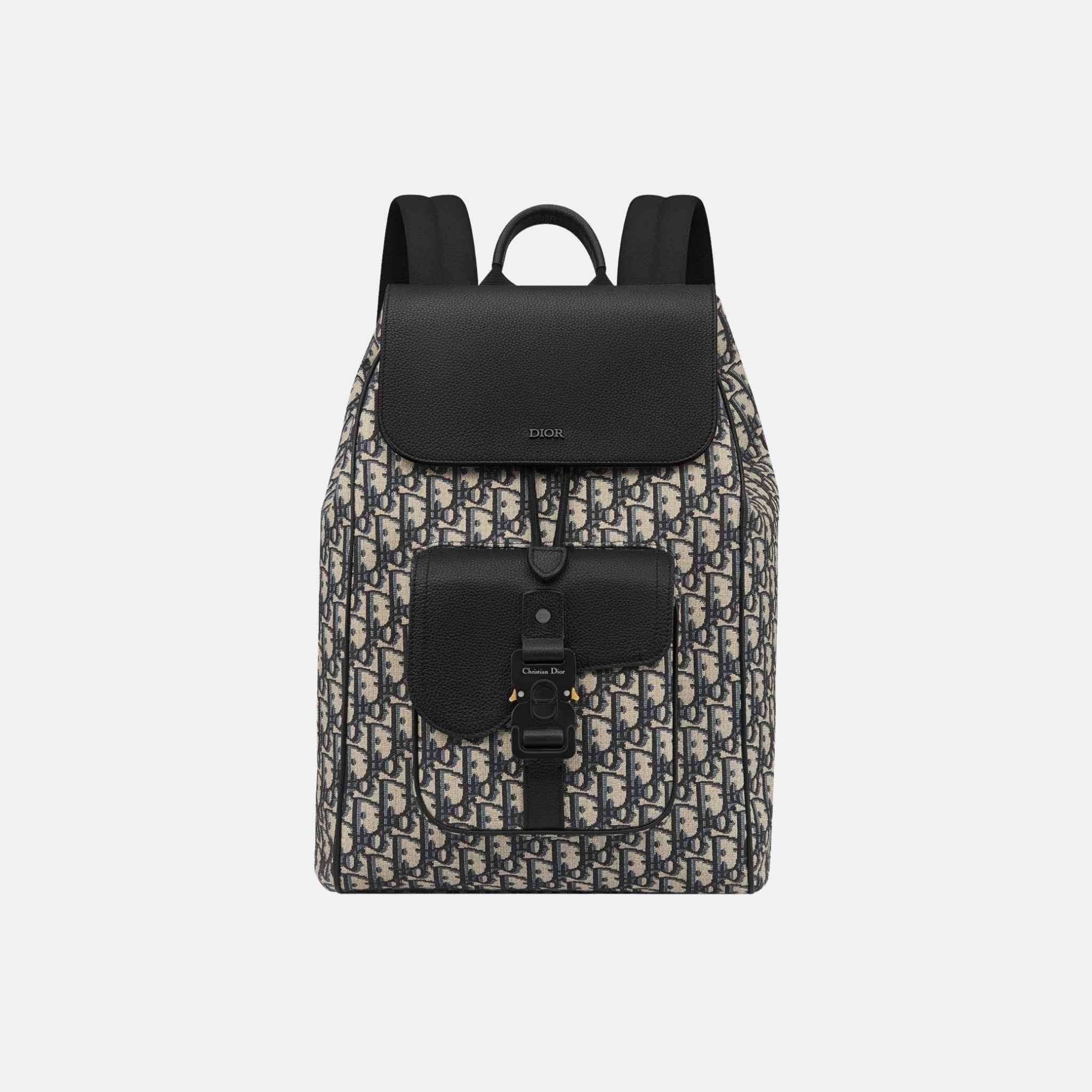 Dior Saddle Backpack With Flap In Oblique Jacquard And Grained Calfskin, Beige, Front