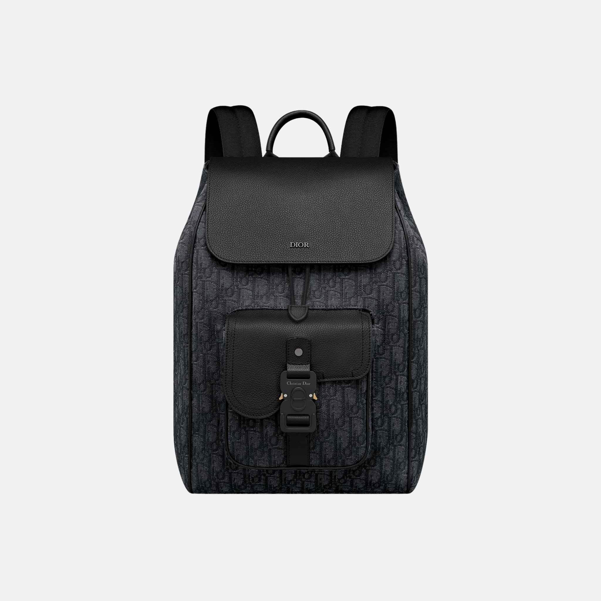 Dior Saddle Backpack With Flap In Oblique Jacquard And Grained Calfskin, Black, Front