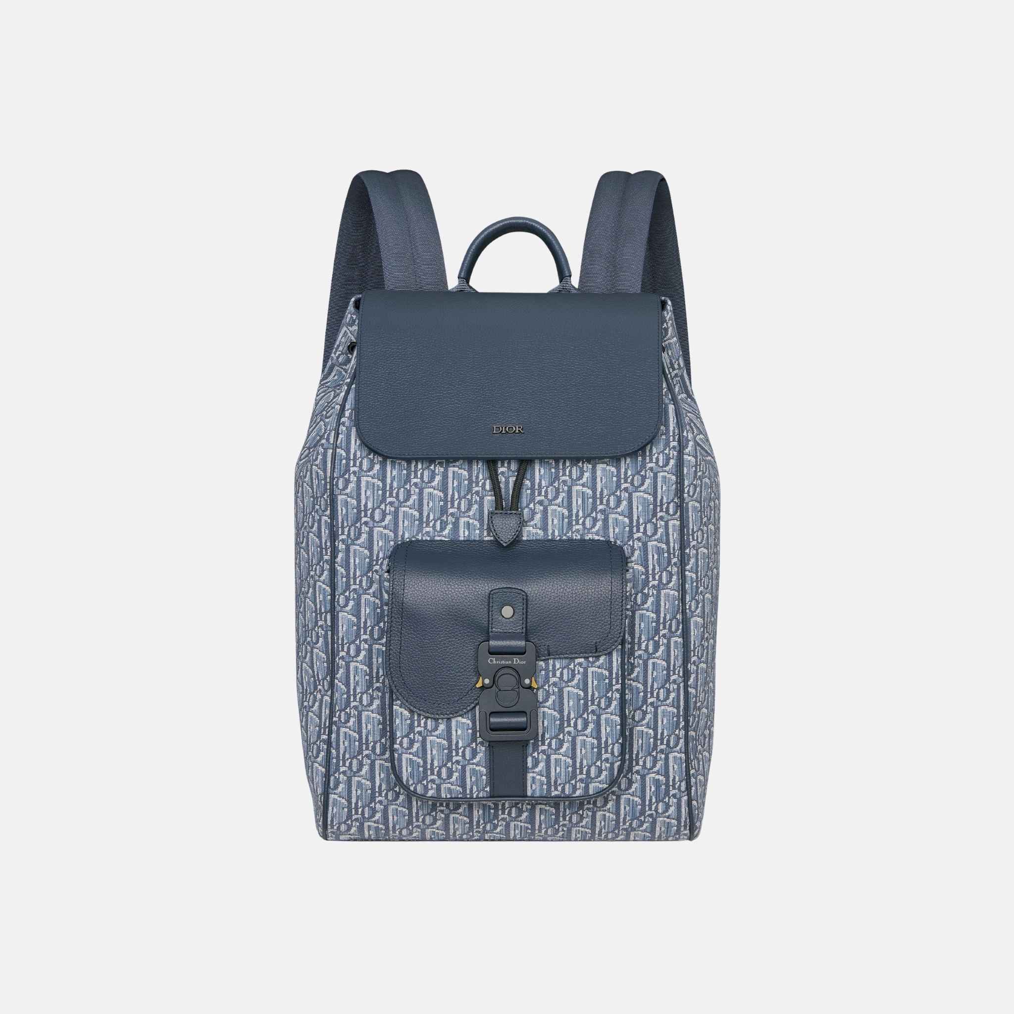 Dior Saddle Backpack With Flap In Oblique Jacquard And Grained Calfskin, Blue, Front