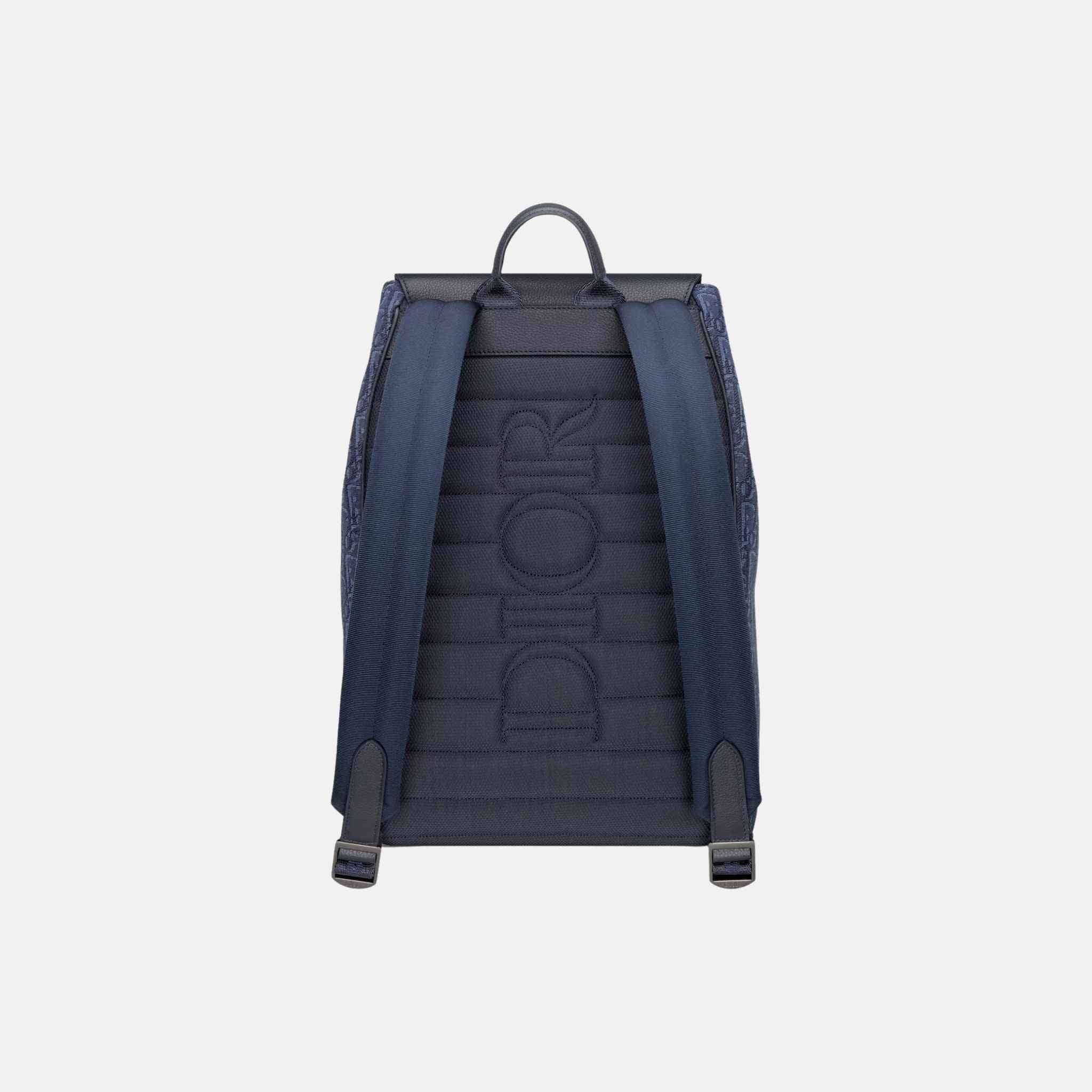 Dior Saddle Backpack With Flap In Oblique Jacquard And Grained Calfskin, Navy Blue, Back