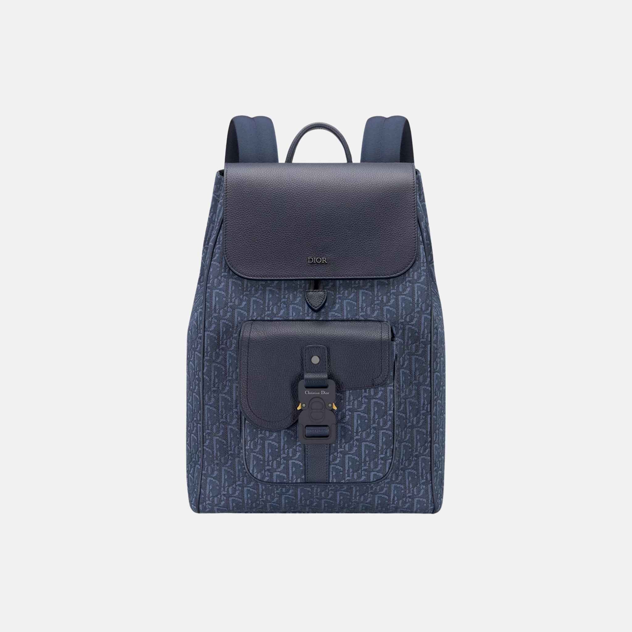 Dior Saddle Backpack With Flap In Oblique Jacquard And Grained Calfskin, Navy Blue, Front