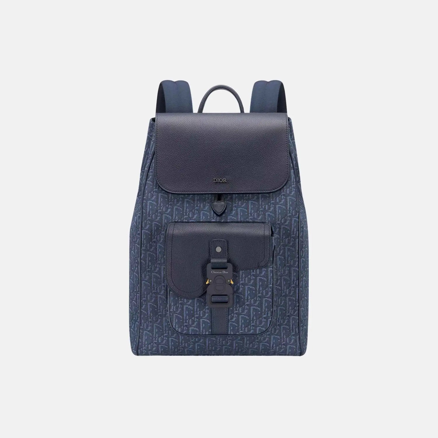 Dior Saddle Flap Backpack in Oblique and Grained Calfskin, Navy Blue, Front
