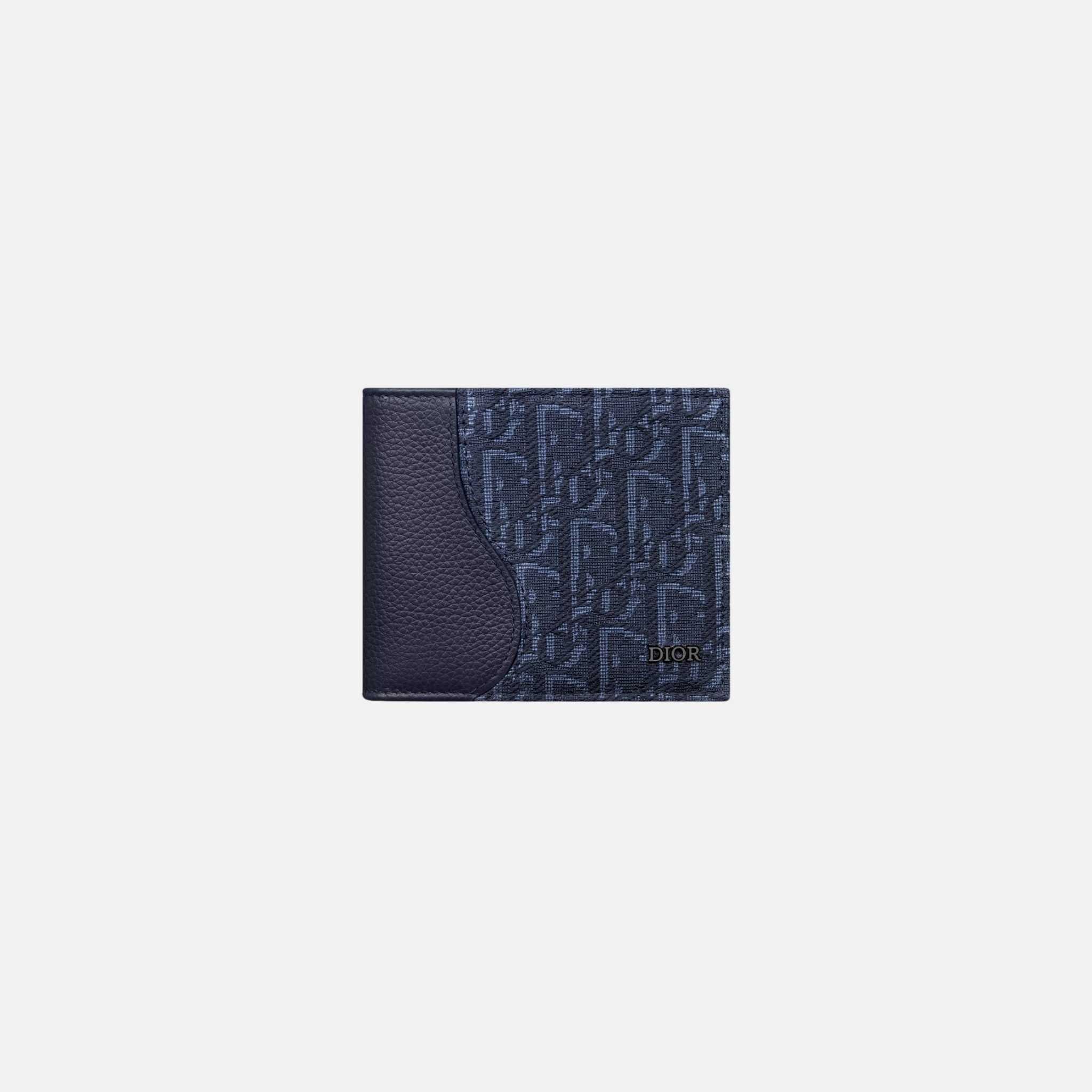 Dior Saddle Bifold Wallet In Grained Calfskin Marquetry Jacquard, Navy Blue, Front