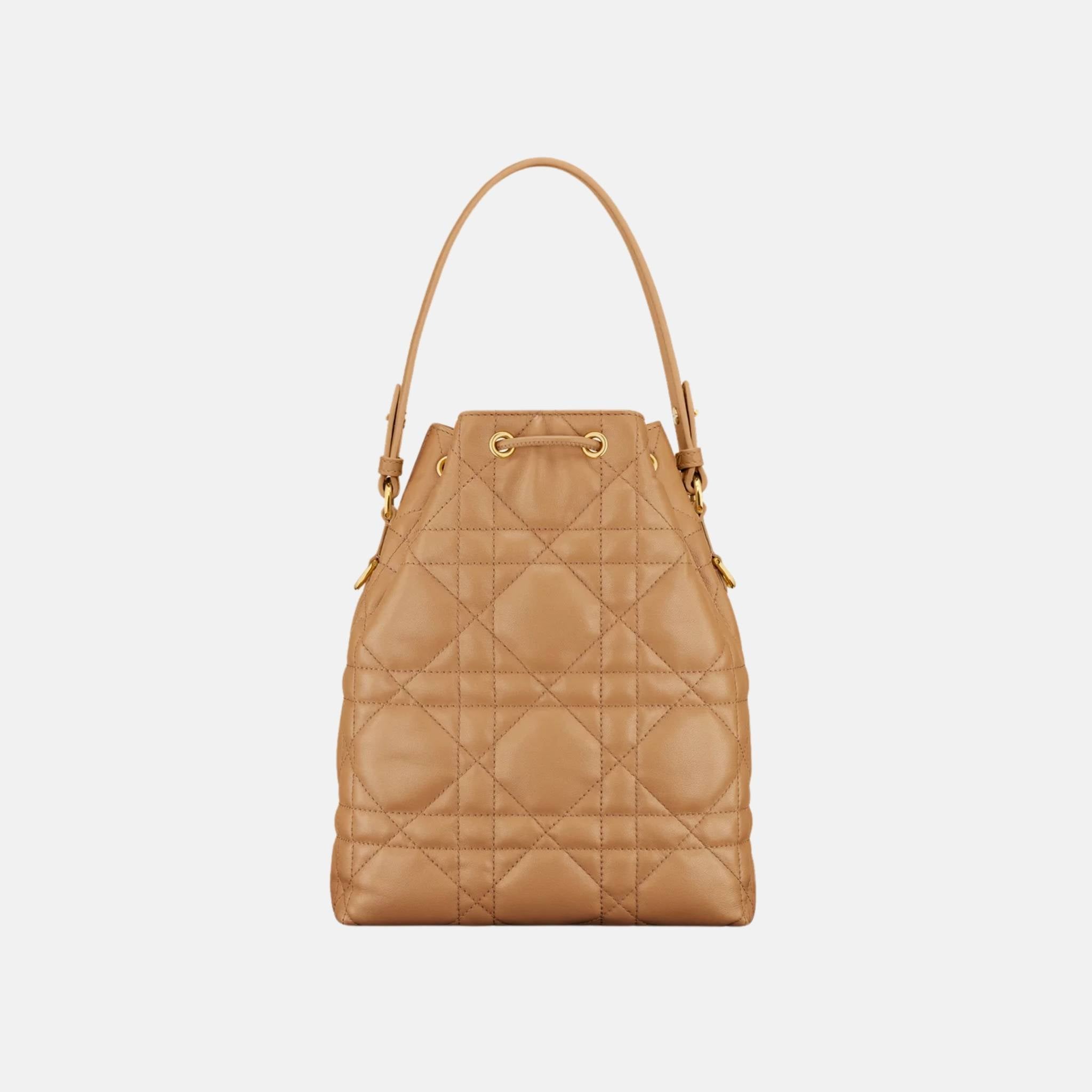 Dior Small Caro Bucket Bag In Macrocannage Lambskin, Light Gold, Back