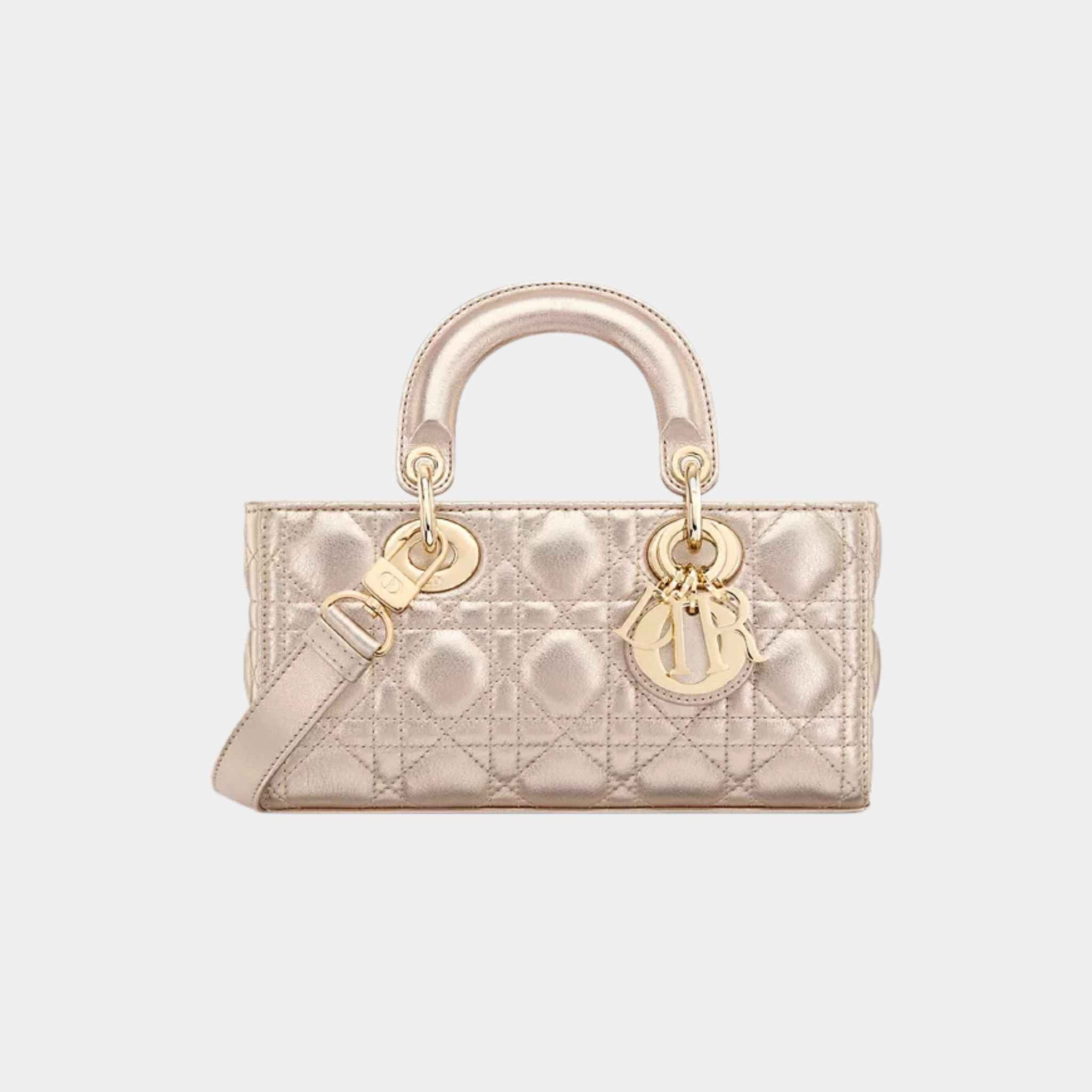Dior Small Lady D-Joy Bag Cannage Calfskin, Pale Gold, Front