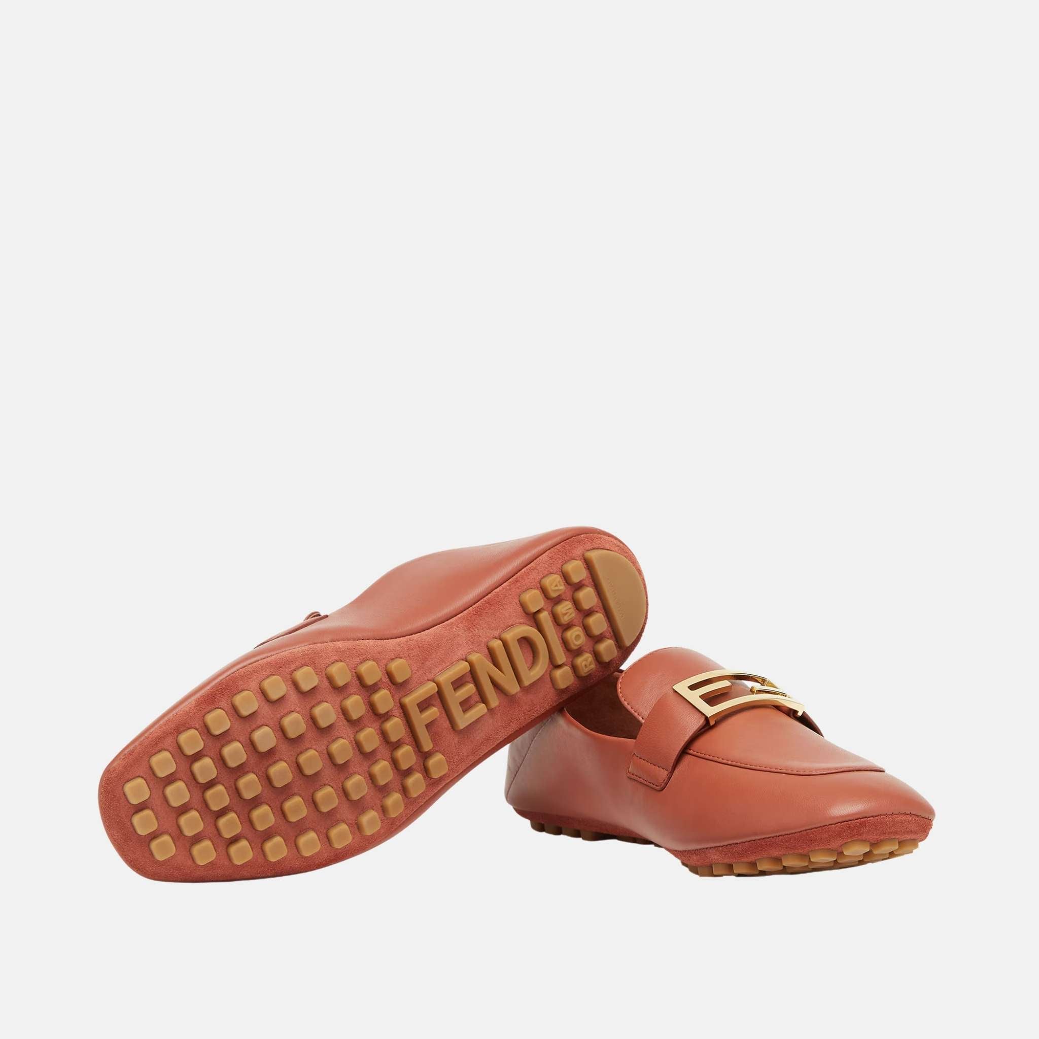 Fendi Baguette Leather Loafers, Beige, Full