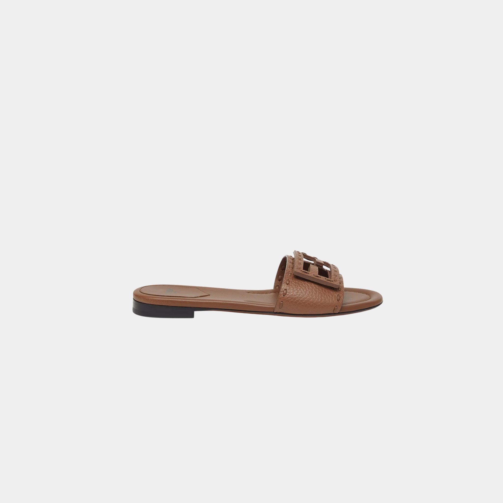 Fendi Baguette Leather Slides With Macro Selleria Topstitches, Brown, Side