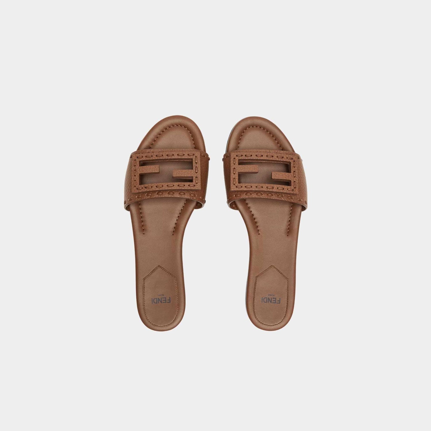 Fendi Baguette Leather Slides With Macro Selleria Topstitches, Brown, Top