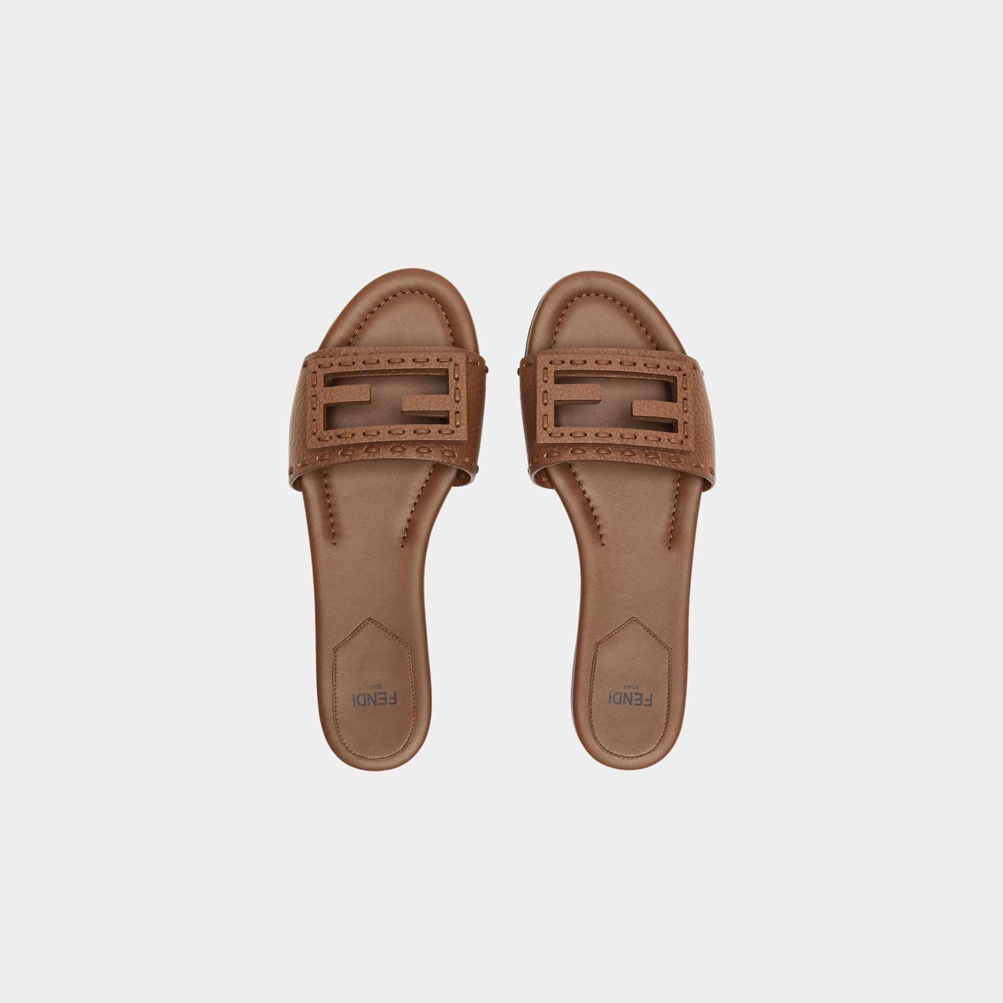 Fendi Baguette Leather Slides With Macro Selleria Topstitches, Brown, Top