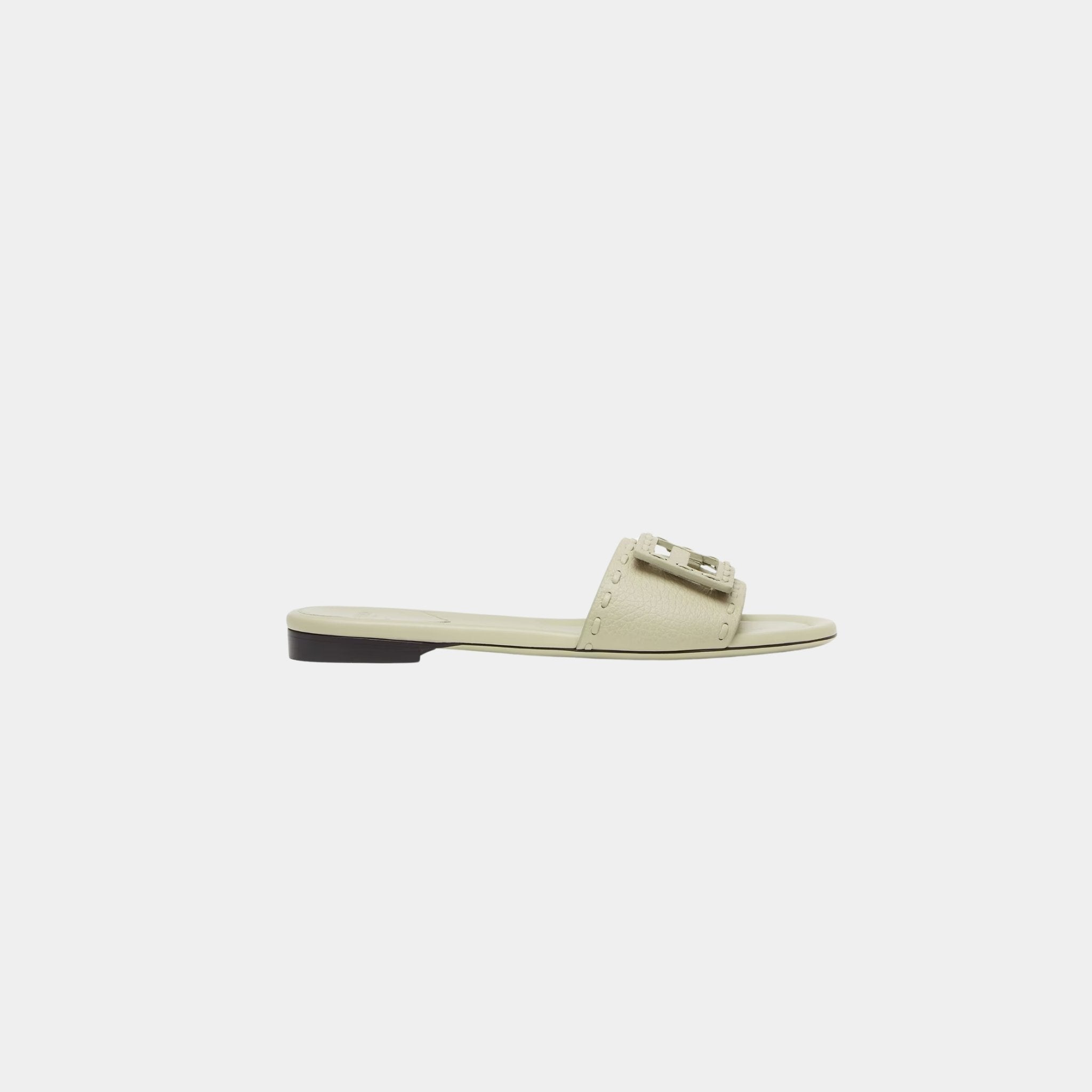 Fendi Baguette Leather Slides With Macro Selleria Topstitches, Green, Side