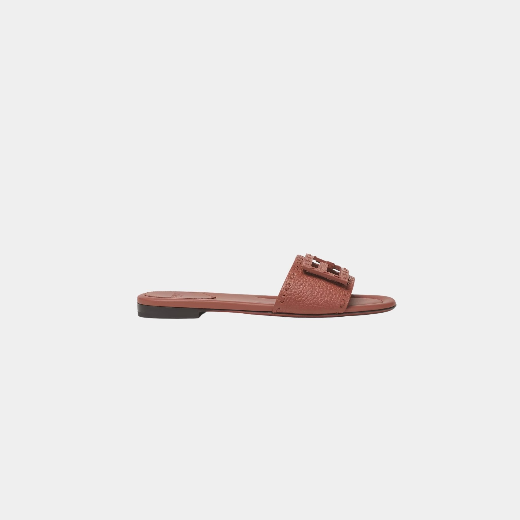 Fendi Baguette Leather Slides With Macro Selleria Topstitches, Sienna, Side