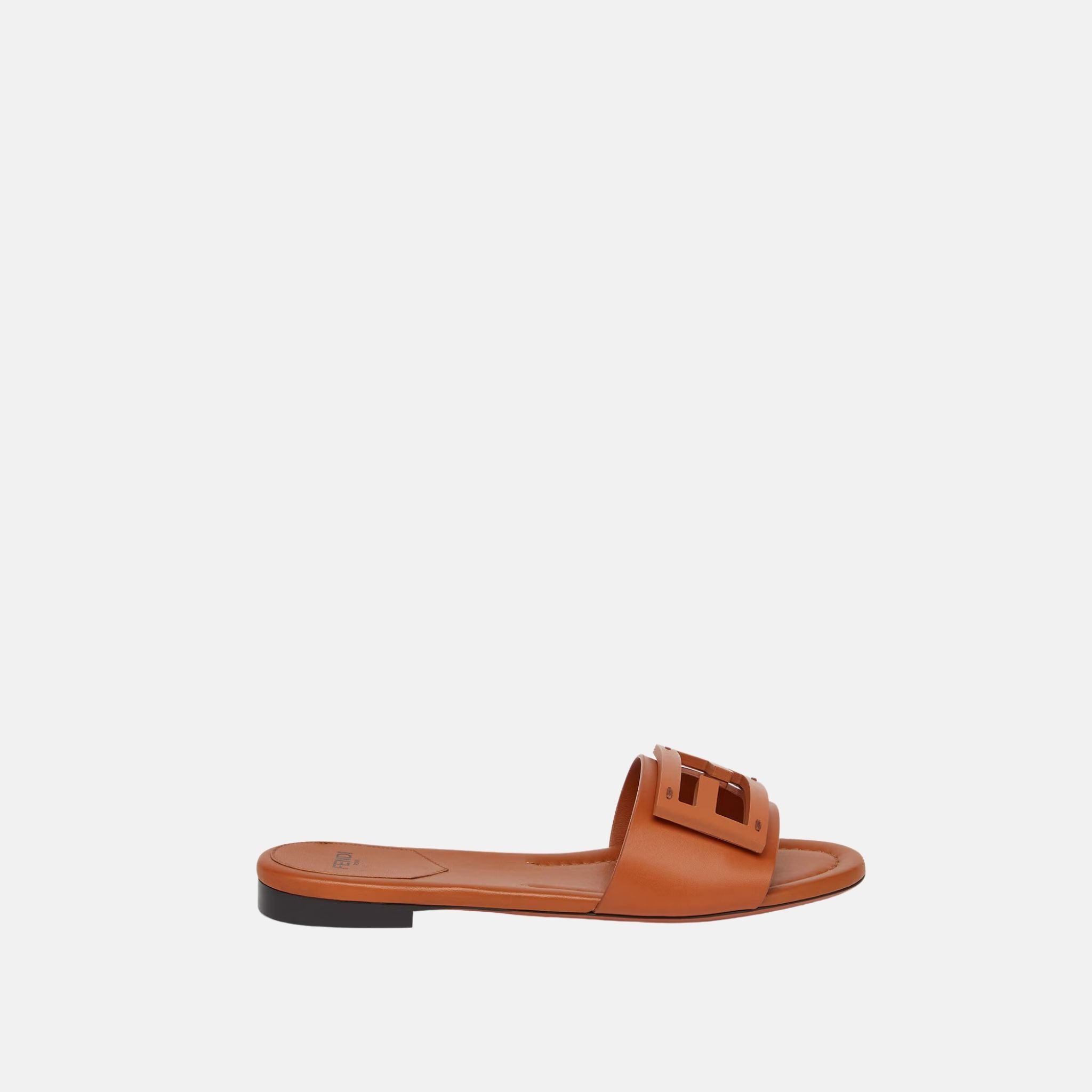 Fendi Baguette Slides In Leather, Brown, Side