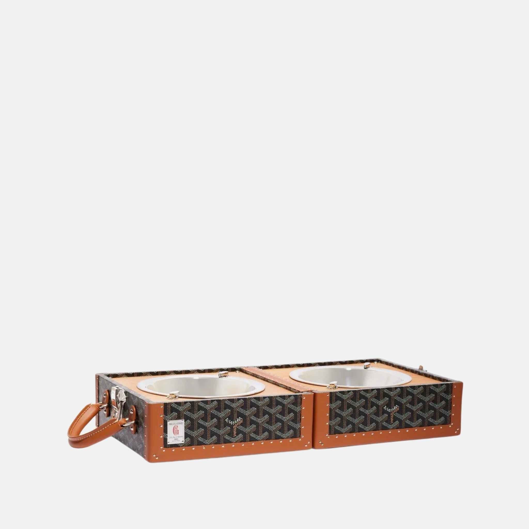 Goyard Luxury Travel Pet Bowl, Black and Tan, Inside
