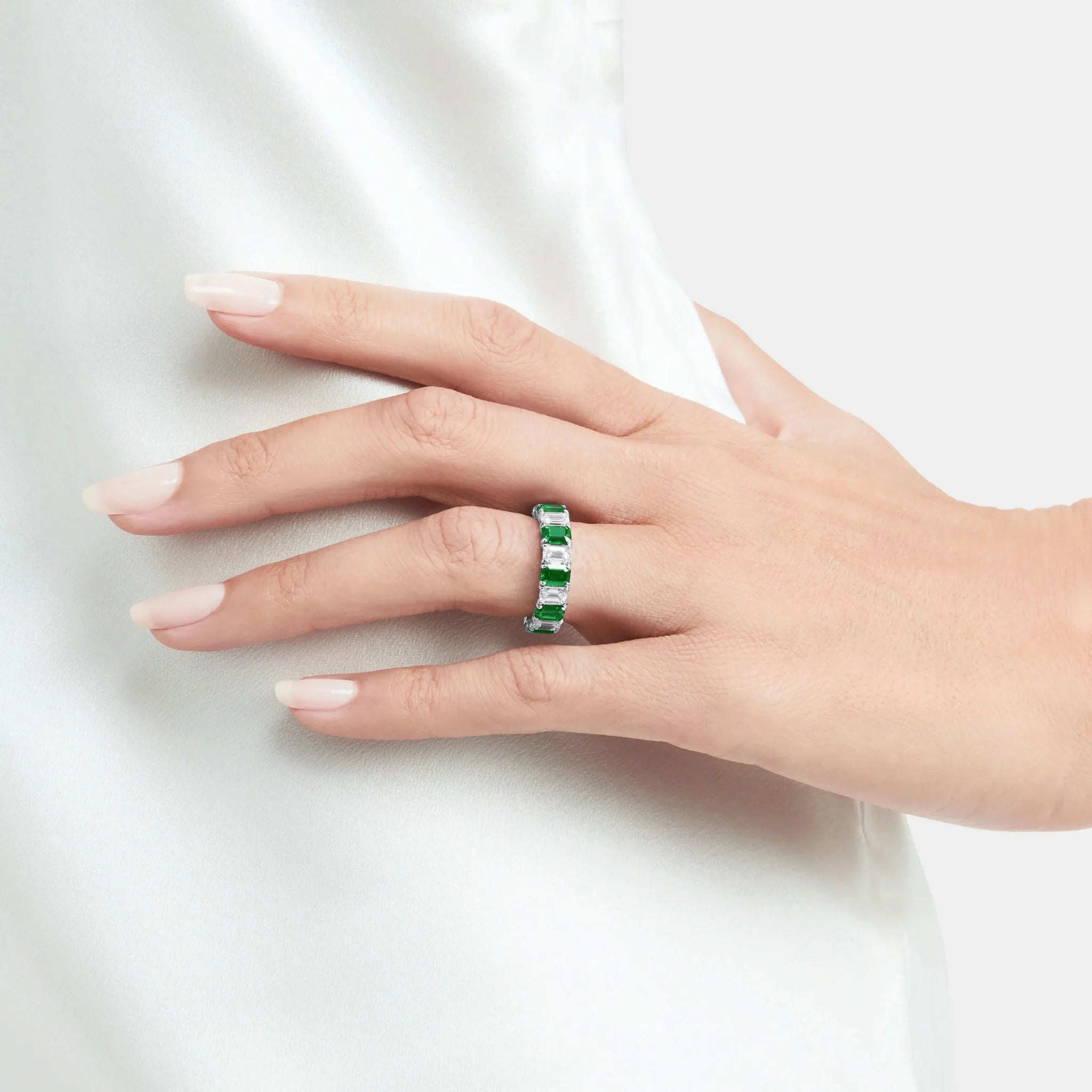Classic Graff Emerald Cut Emerald and Diamond Wedding Band, Model