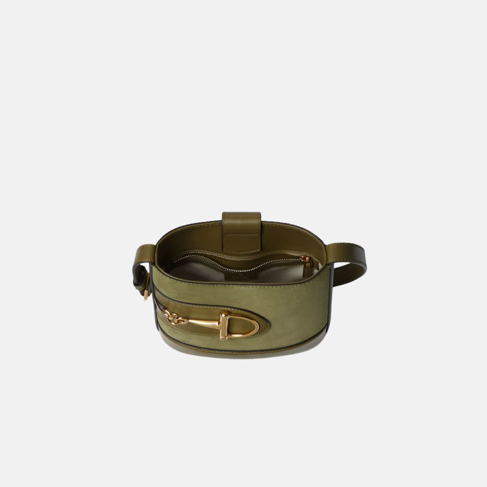 Gucci 73 Small Bucket Bag In Smooth Leather, Green Suede, Inside