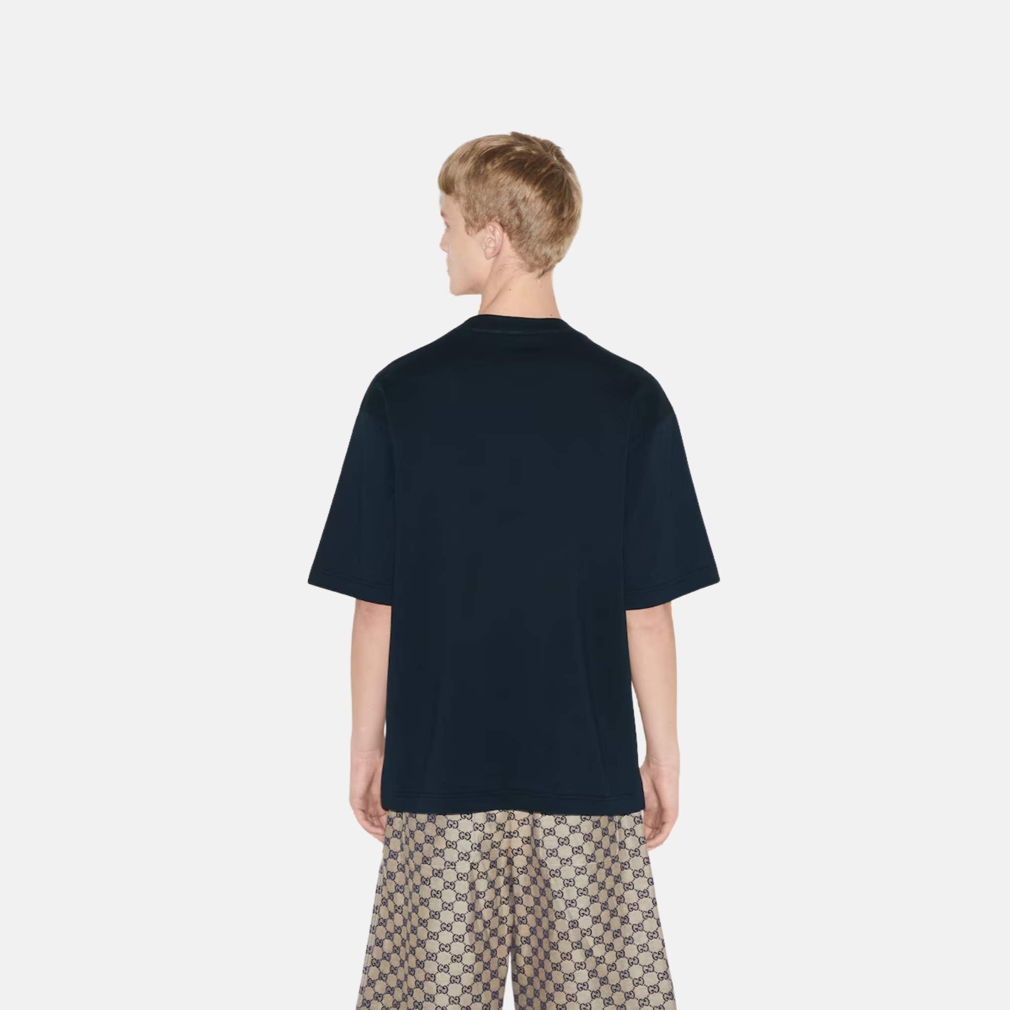 Gucci Cotton Jersey T Shirt With Interlocking G Print, Navy, Back