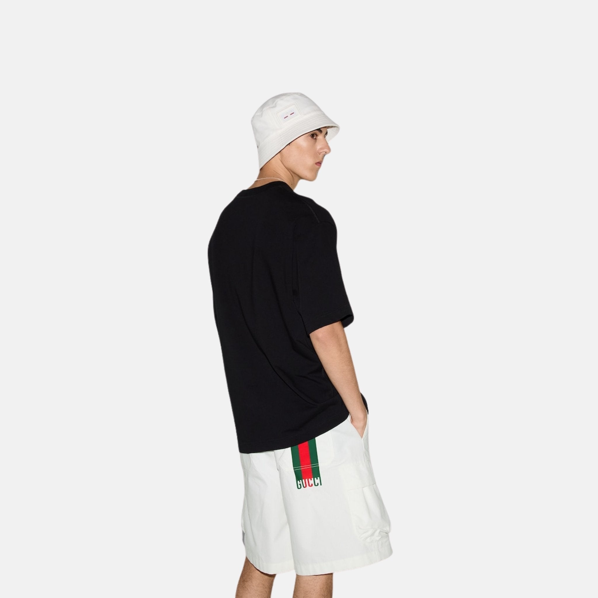 Gucci Cotton Jersey T Shirt With Web Print, Black, Back