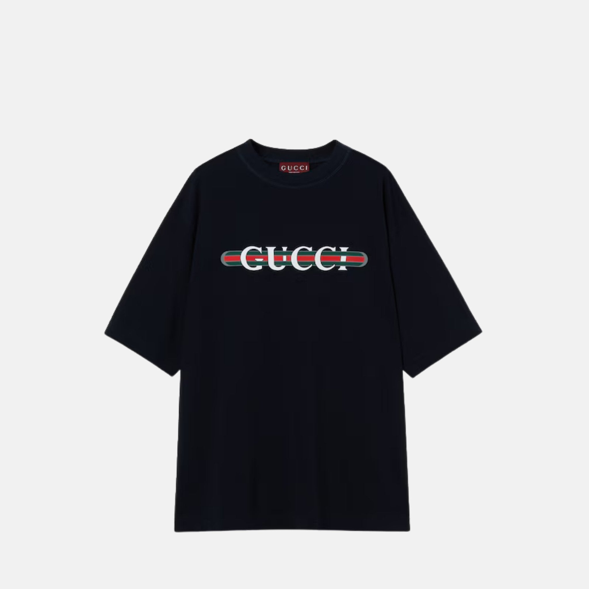 Gucci Cotton Jersey T Shirt With Web Print, Black, Front