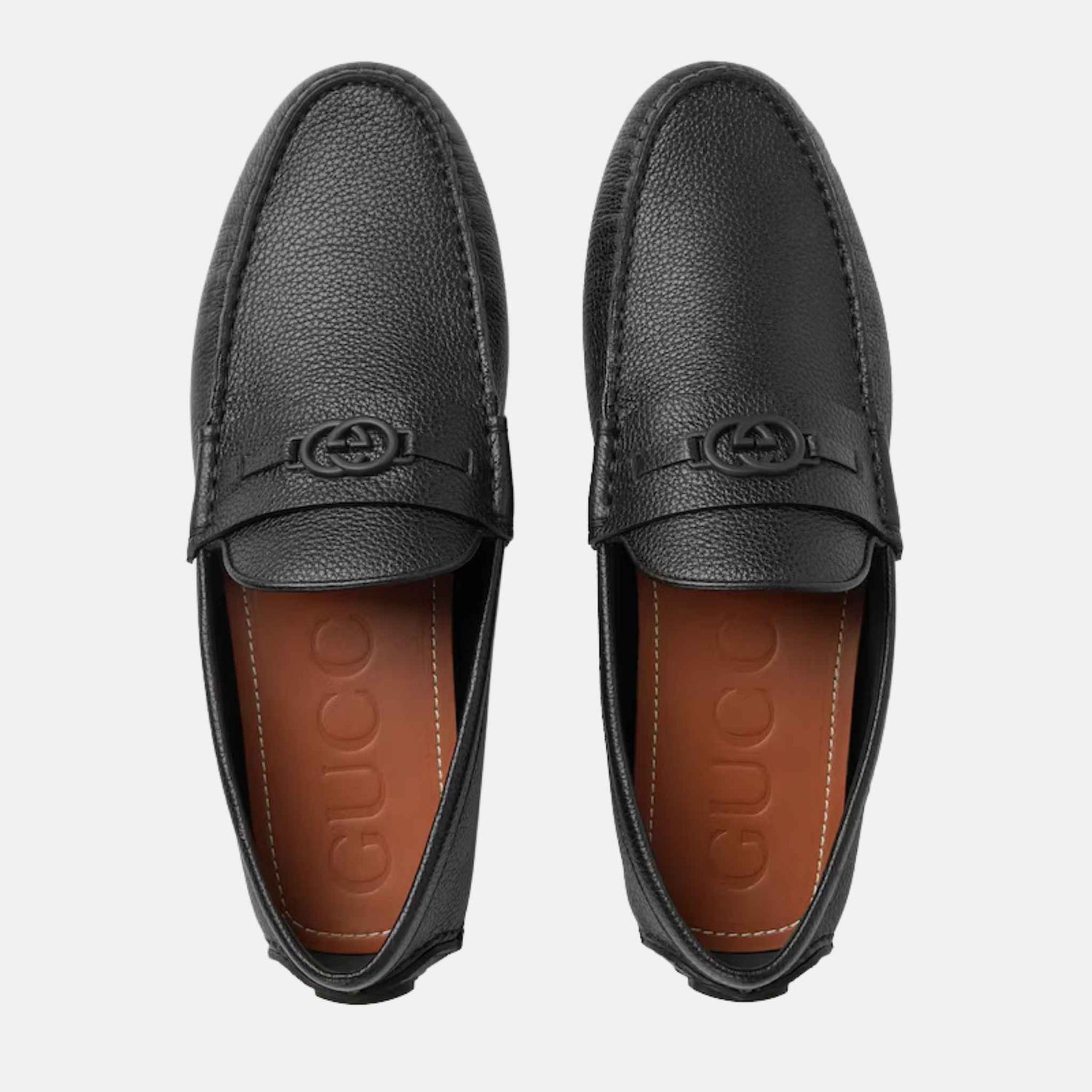 Gucci Mens Driver Loafer In Leather, Black, Top