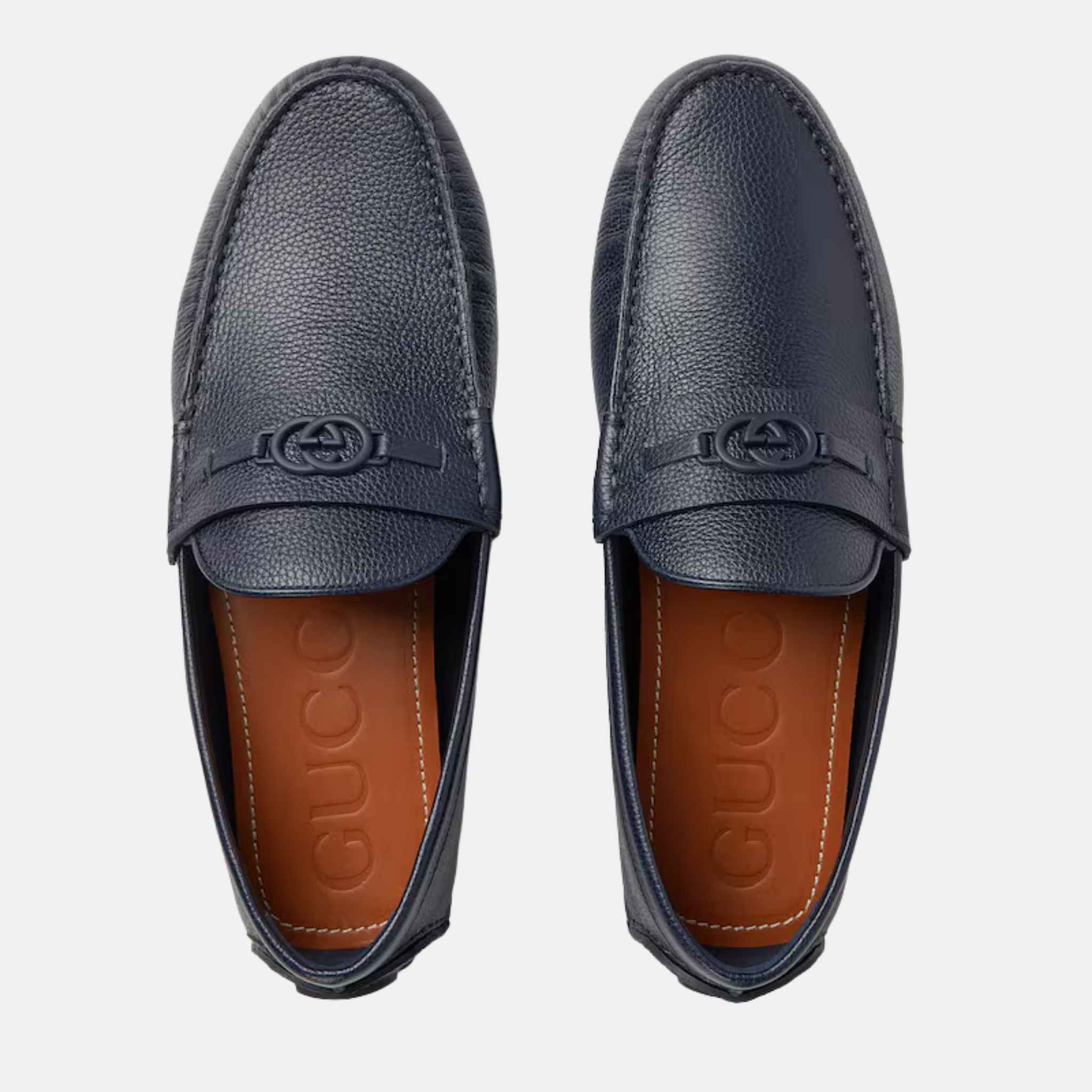 Gucci Mens Driver Loafer In Leather, Blue, Top