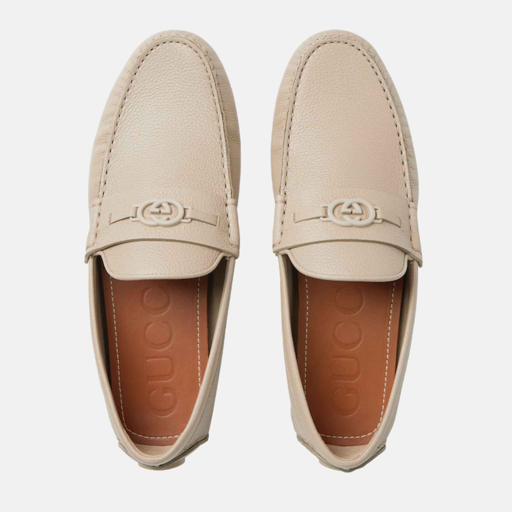 Gucci Mens Driver Loafer In Leather, OAtmeal, Top