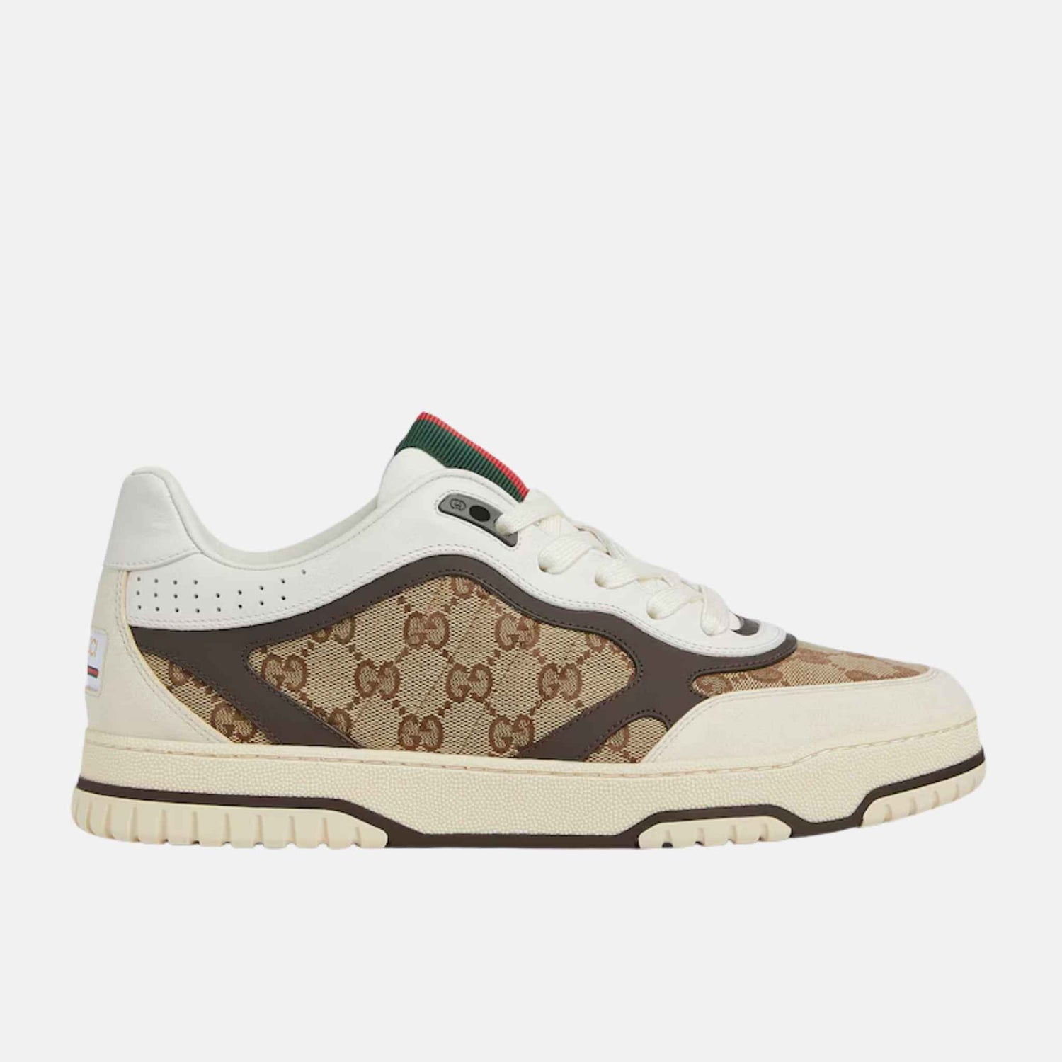 Gucci Mens Re Web Trainer In GG Canvas, Beige, Side