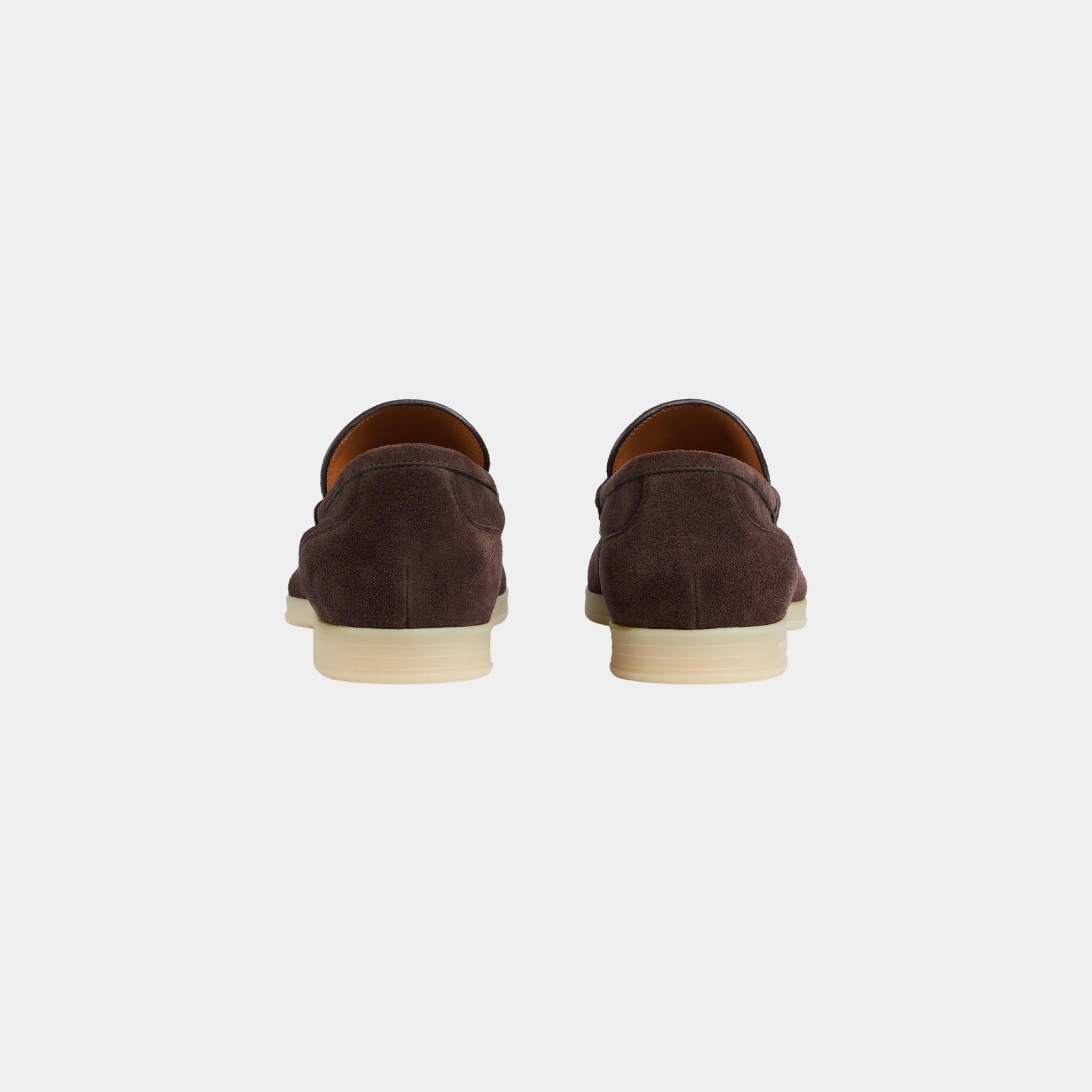 Suede Loafer with Horsebit And Silver-Toned Hardware, Dark Brown, Back